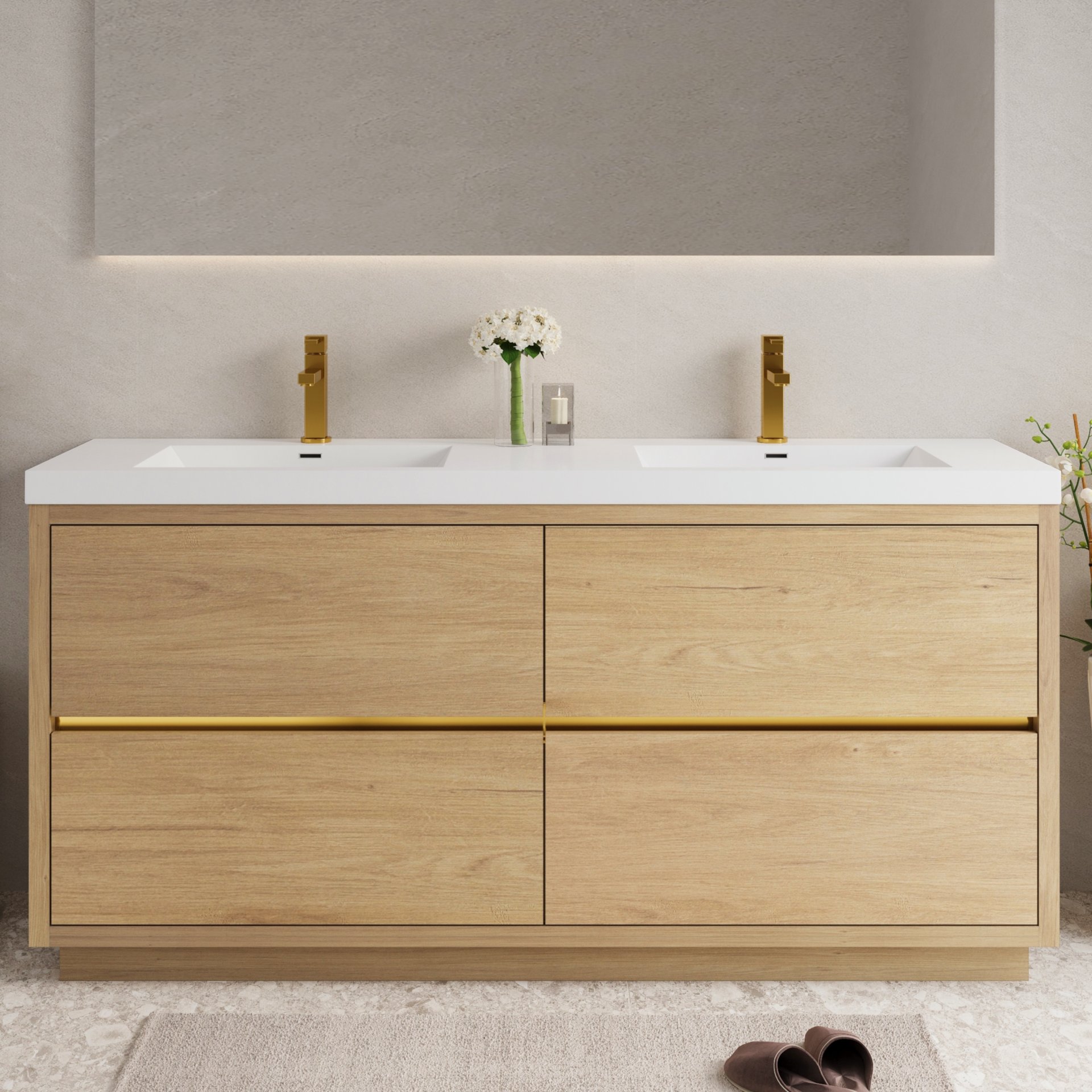 Bathin Freestanding Bathroom Vanity With Double Sinks, Bathroom Storage Vanity Cabinet With Stone Resin Countertop And Soft Close Drawers - Natural Oak - Image 2