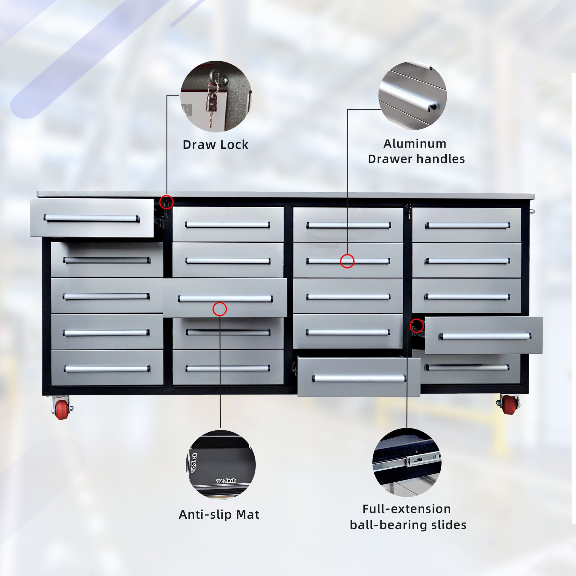 Garage Storage Cabinets With Workbench (20 Drawers) - Silver - Image 4