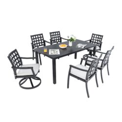 7 Pieces Modern Classic Outdoor Patio Dining Set With Rectangular Table, 6 Chairs, Cast, Sunbrella Cushions - Ember Black