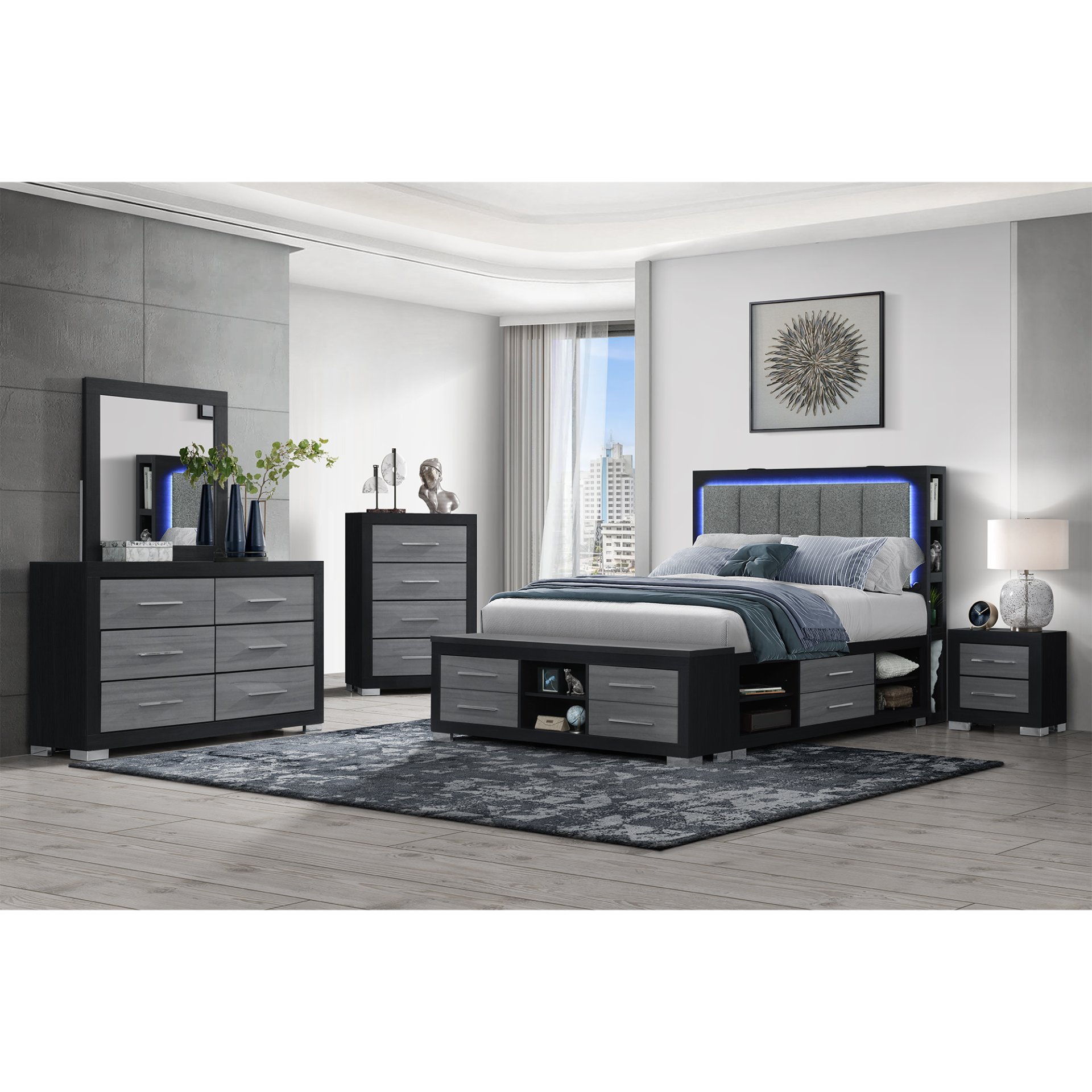 Messa - 5 Piece Full Bedroom Set With Bookcase Headboard - Black / Gray - Image 2