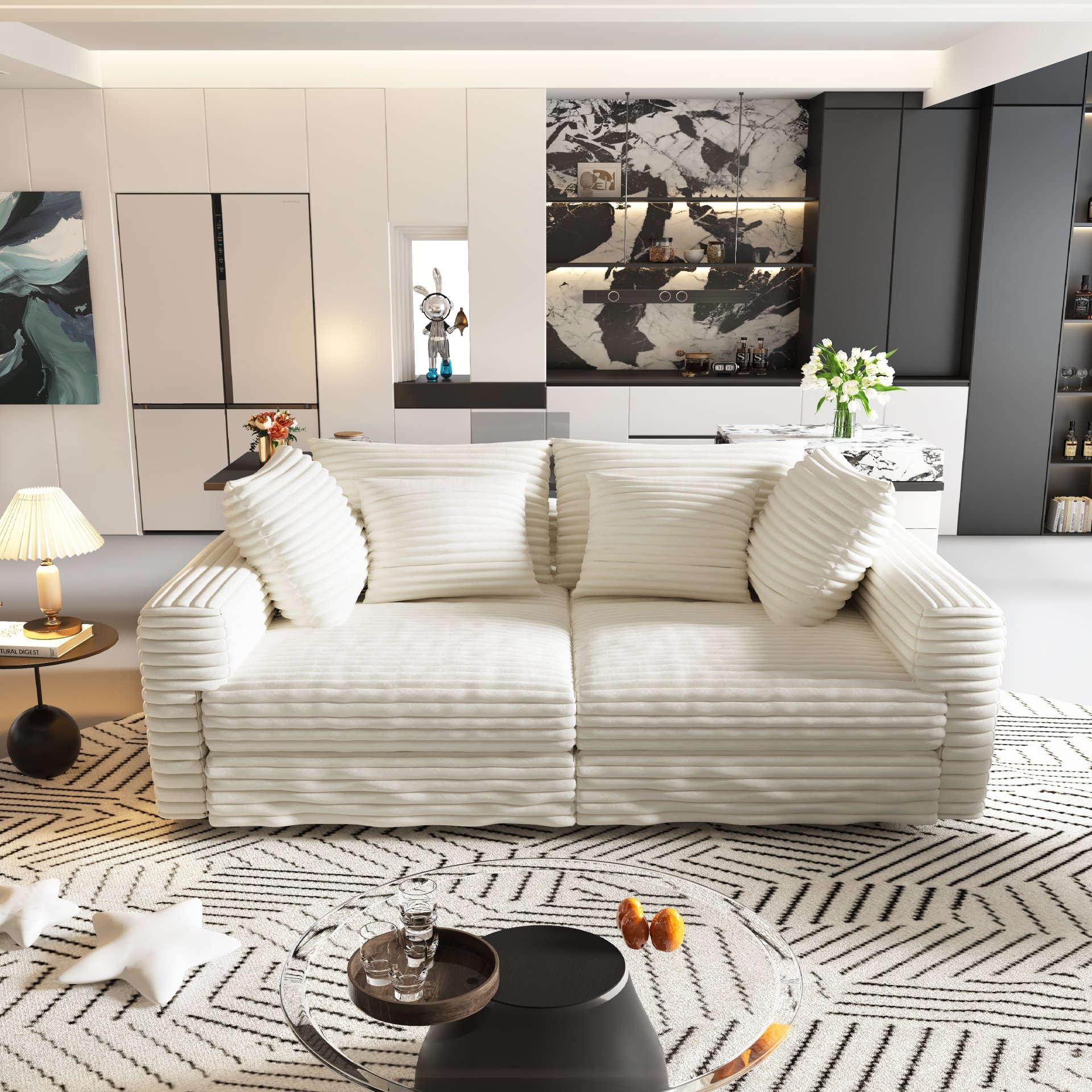 Plush Corduroy 4 Seat Sofa, Modern Comfy Upholstered Sofa Cloud Couch, Deep Seat Couches With Soft Pillows, Convertible Deep Seat Sofa Lounge Chair For Living Room Bedroom, Apartment, Office - Black / Gray - Image 5