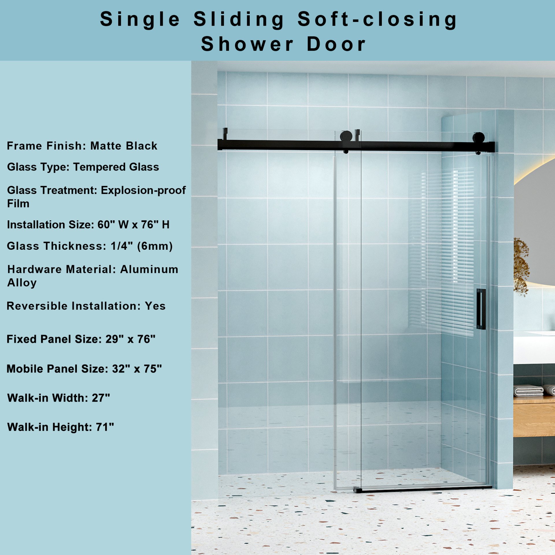 Frameless Soft Closing Shower Door, 1 / 4" (6Mm) Tempered Glass Single Sliding With Explosion Proof Coating - Matte Black - Image 4