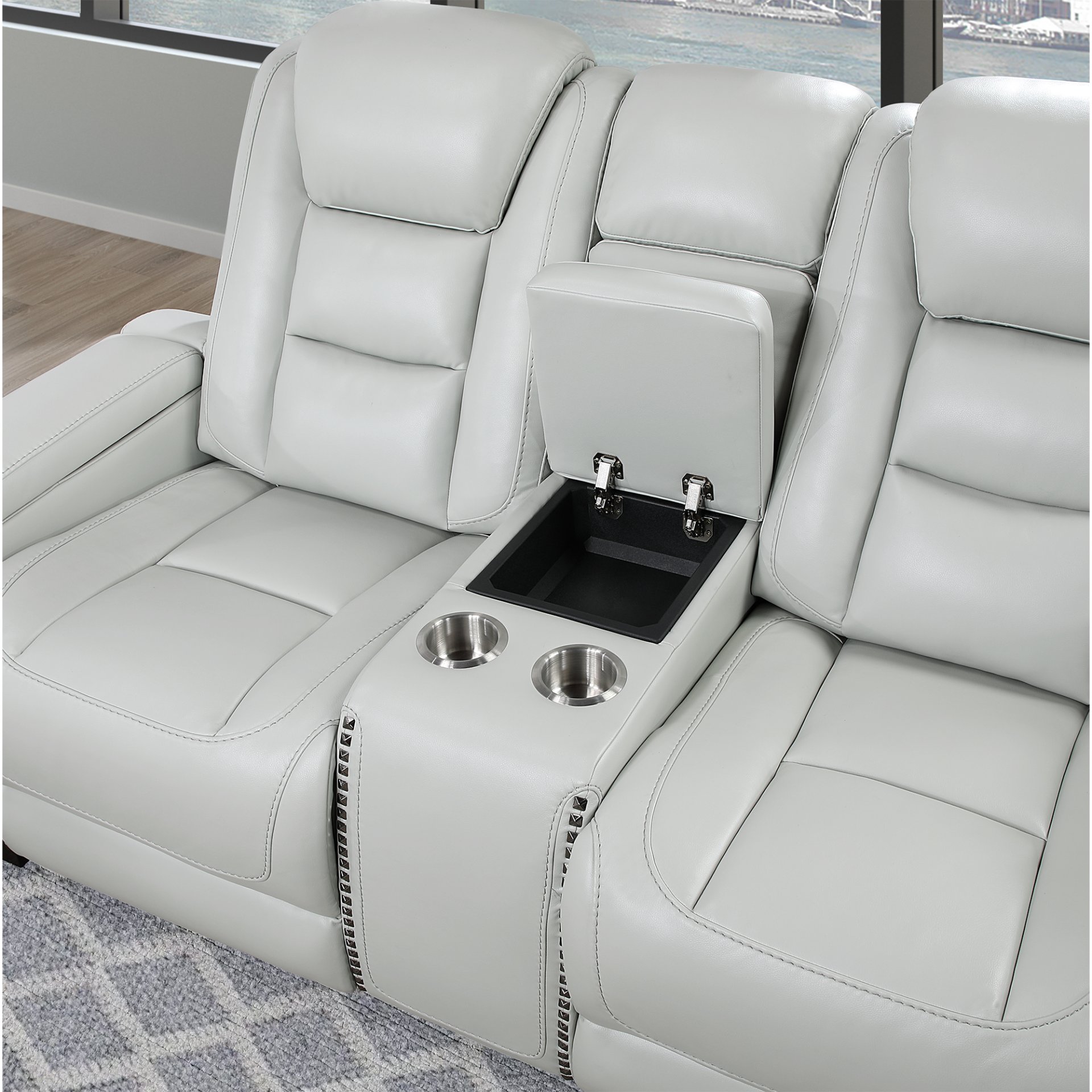 3 Piece Power Sofa Set With Recliner, USB LED Headrest, Bookshelf Arms, Drop Down Table And Storage Frame - Grey - Image 7
