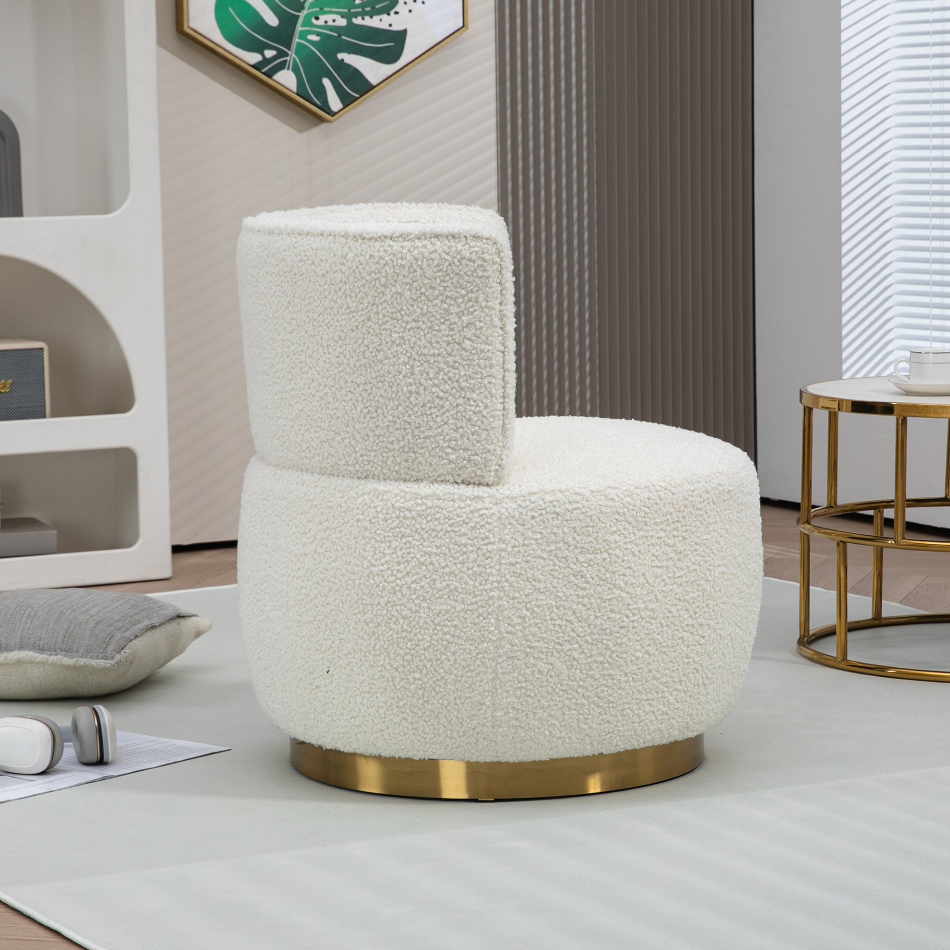 Coolmore - 360 Degree Swivel Cuddle Barrel Accent Sofa Chair, Round Armchair With Wide Upholstered Teddy Fabric - Cream - Image 8