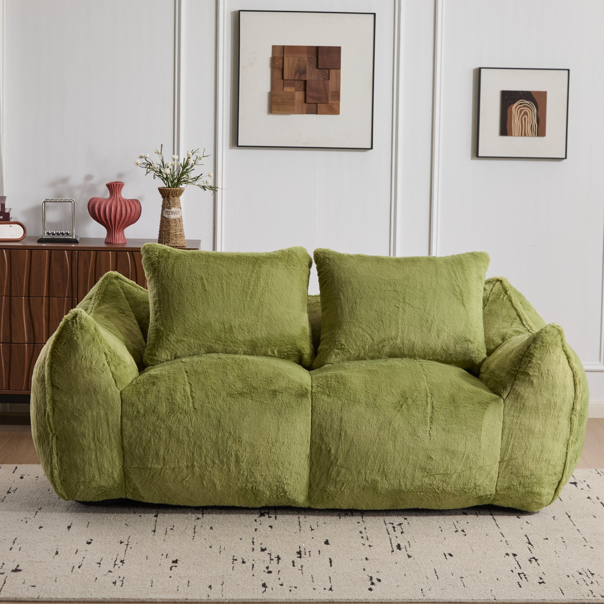 Giant Bean Bag Couch, Ultra Soft Fluffy Loveseat For Living Room Reading Chair With Pillows - Green - Image 4