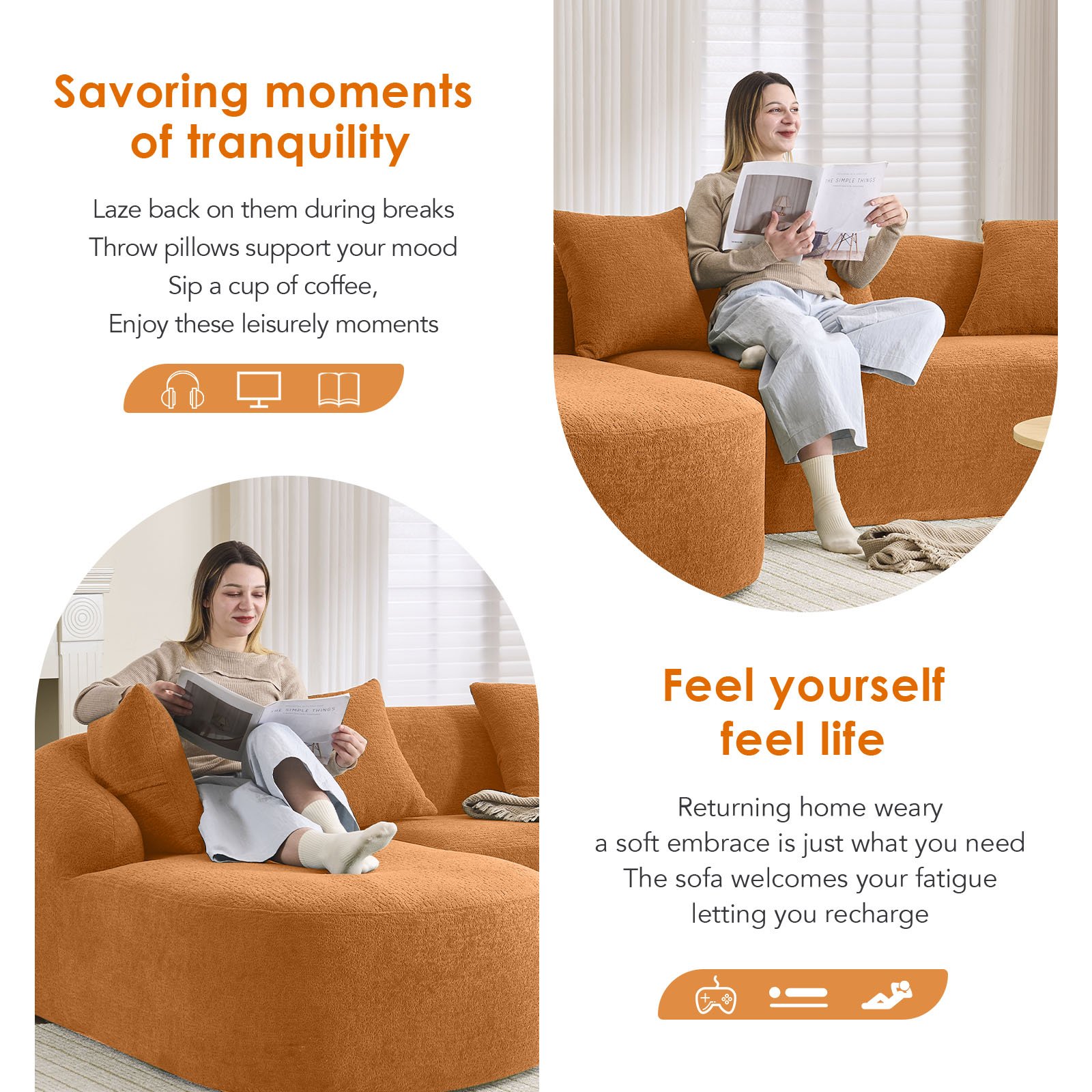 Compression Sofa: Combining Chaise Longue With 3 Seater, Wood Grain Chenille Fabric, Full Sponge Compression Sofa, Combined Sofa With 4 Pillows For Living / Home Furniture / Apartment - Orange - Image 27