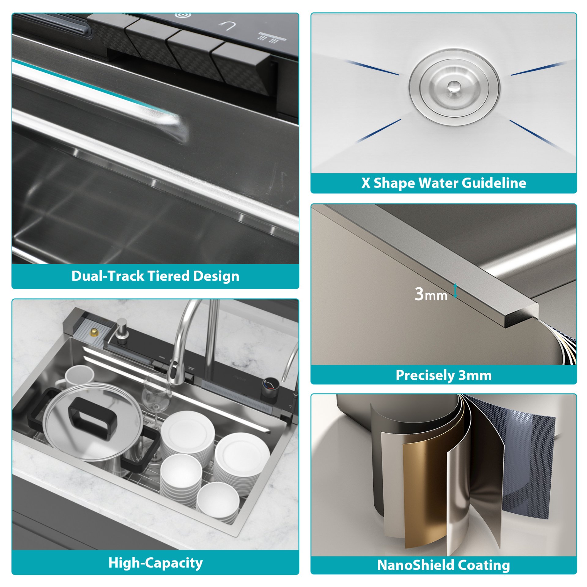 Kitchen Waterfall Sink Single Bowl With LED Faucet, Ledge Workstation, And Multi Function Pull Out Spray - Brushed Nickel - Image 10