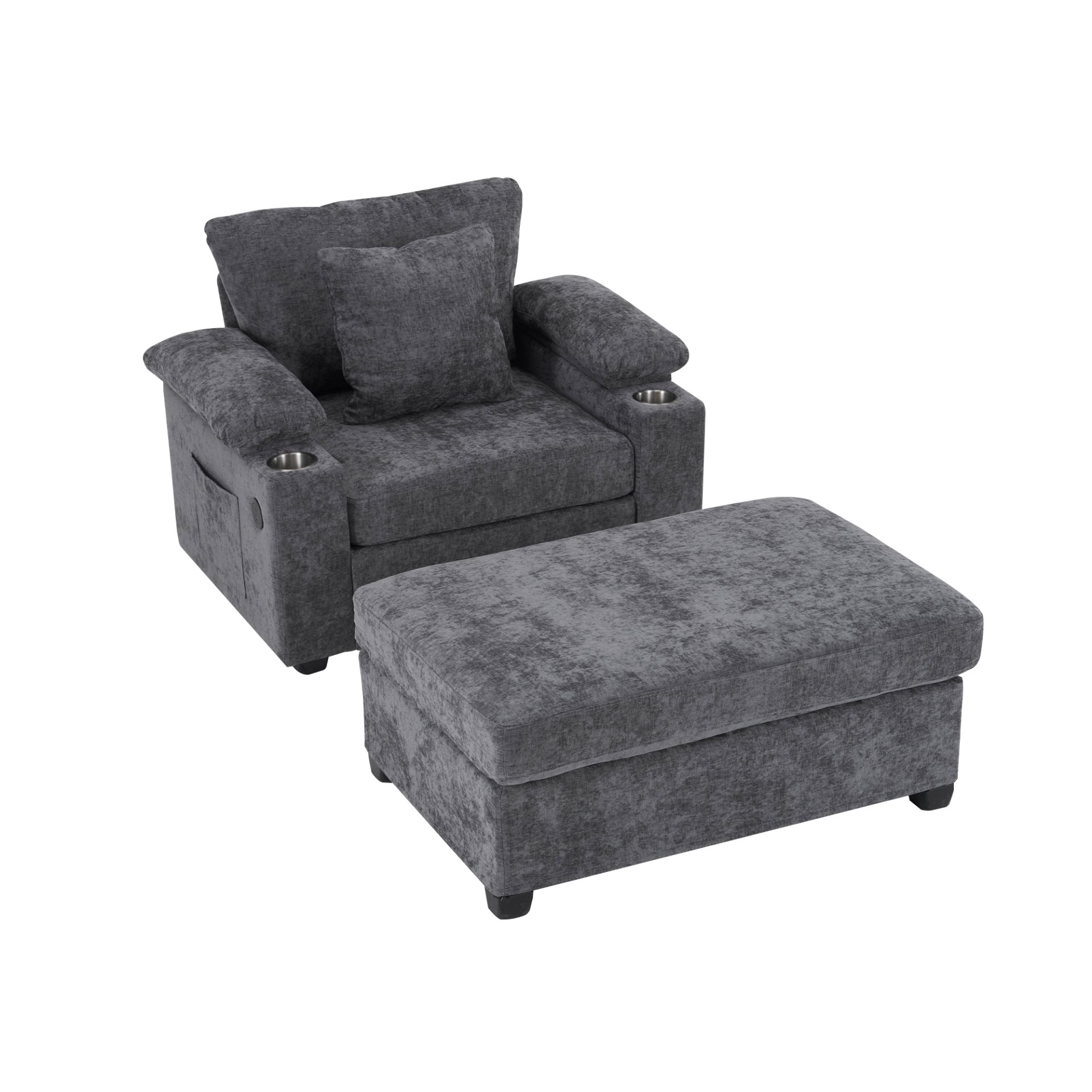 Modern Oversized Chair With Ottoman, Chenille Fabric Sofa Bed, Accent Chair Comfy Sofa With Cupholders And USB Charging Ports Chair For Living Room - Dark Gray - Image 11