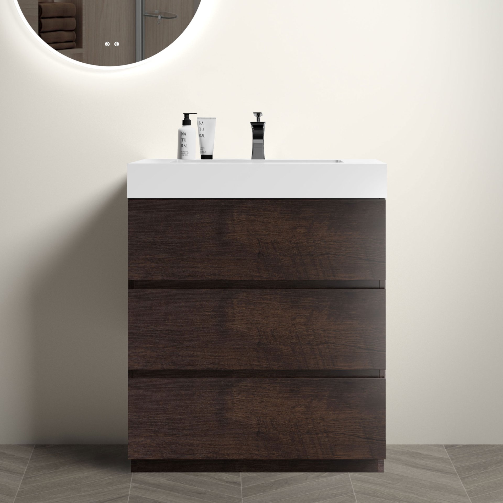 Alice - 30" Bathroom Vanity With Sink, Large Storage Freestanding Bathroom Vanity For Modern Bathroom, One-Piece Sink Basin Without Drain And Faucet - White / Walnut - Image 2