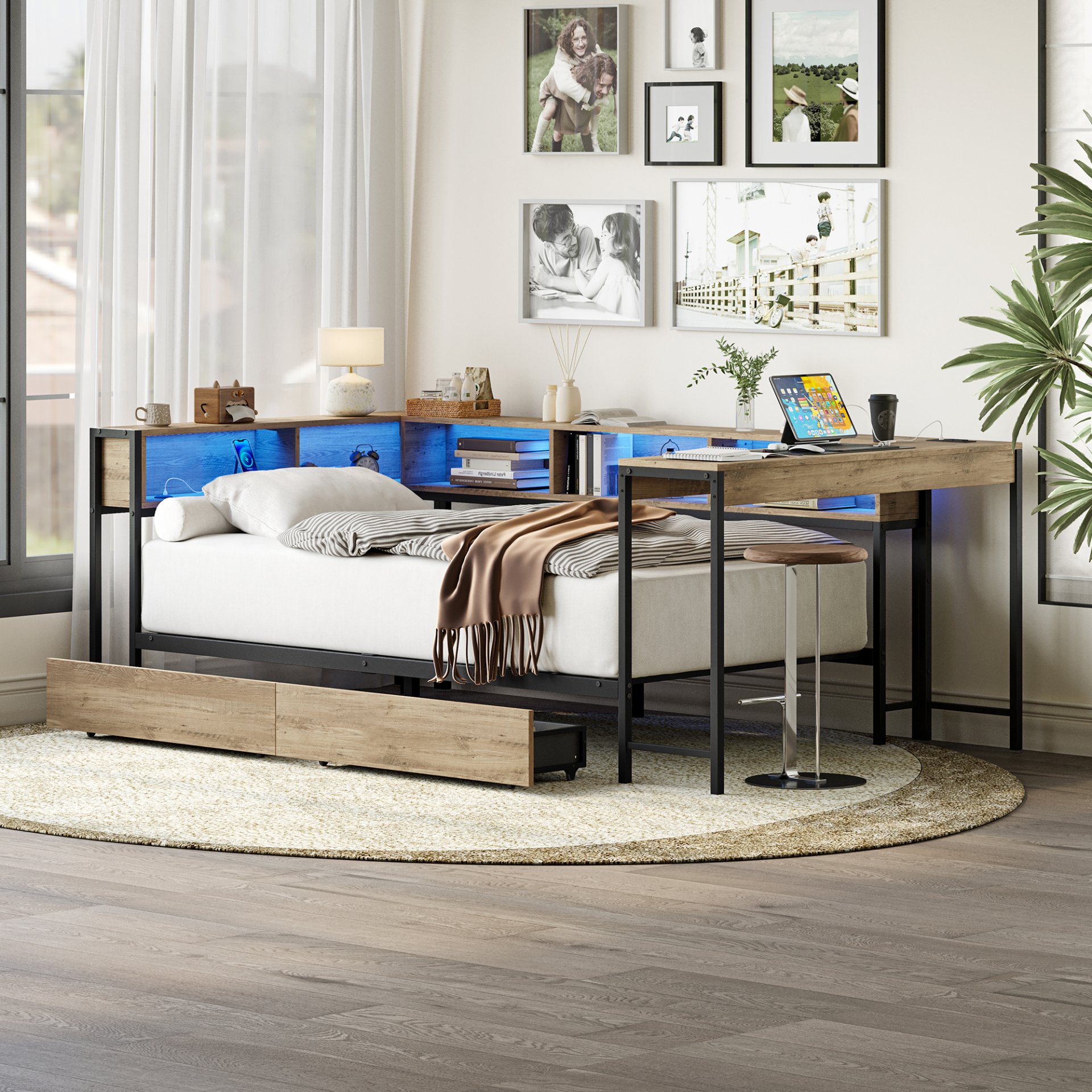 Corner Bed Frame Twin Size With Bookcase And 2 Underbed Storage Drawers, Modern Twin Bed With LED Light And Charging Station, Modern Daybed Reversible Left Or Right - Gray - Image 2