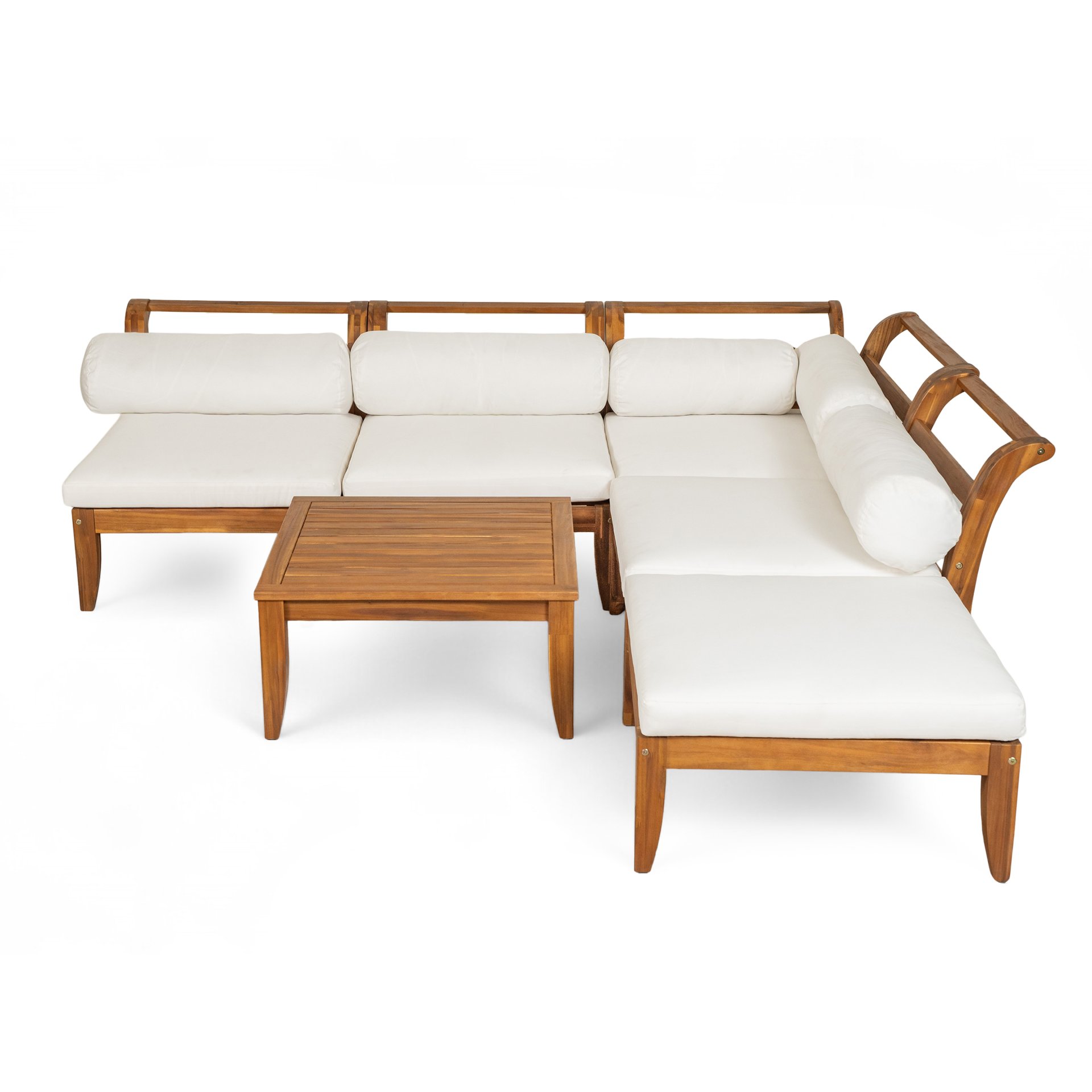 6 Piece Patio Sofa Set, Acacia Wood Outdoor Modular Sectional Garden Furniture Set L Shaped Conversation Set, Convertible Daybed With Tea Table, Ottoman, 5 Cushions And Pillows - Teak / Beige - Image 9
