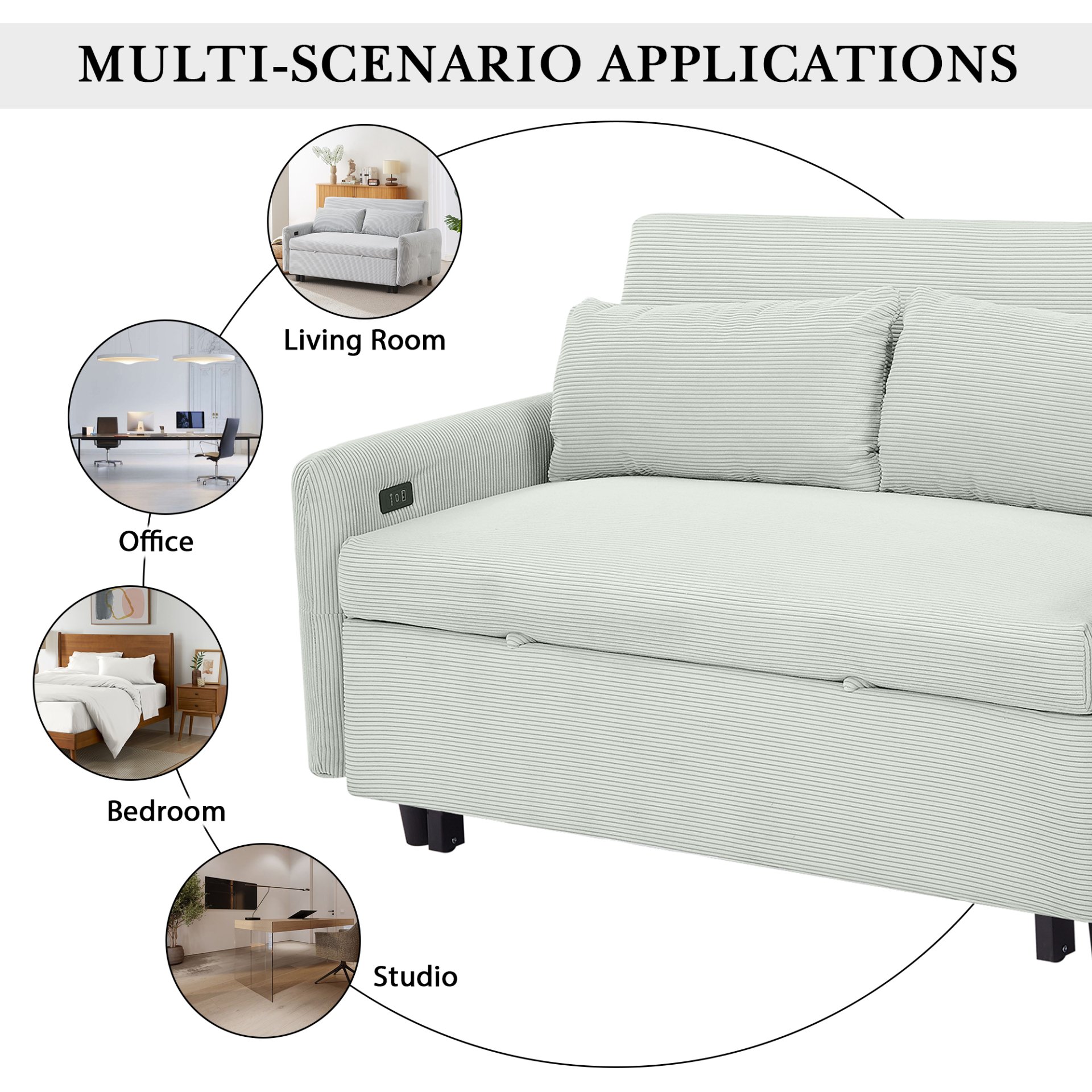 Pull Out Sofa Bed Convertible Couch 2 Seat Loveseat Sofa Modern Sleeper Sofa With 2 Throw Pillows And USB Ports For Living Room - Light Gray Green - Image 8