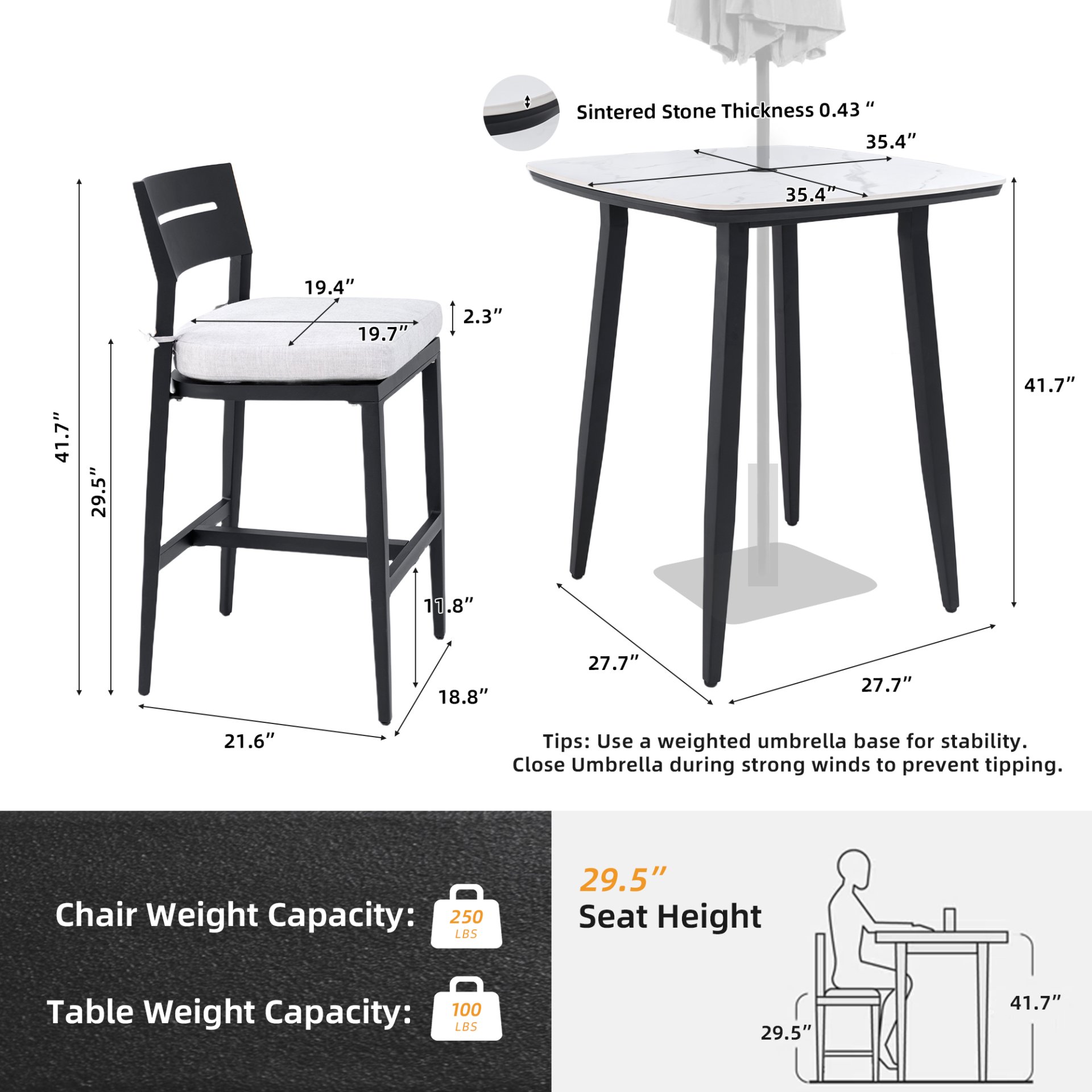 5 Pieces Modern Outdoor Bar Set, Sintered Stone Table With White Inspired Top & 4 Bar Stools, Sunbrella Cushions, Weather Resistant - Ember Black / White - Image 3