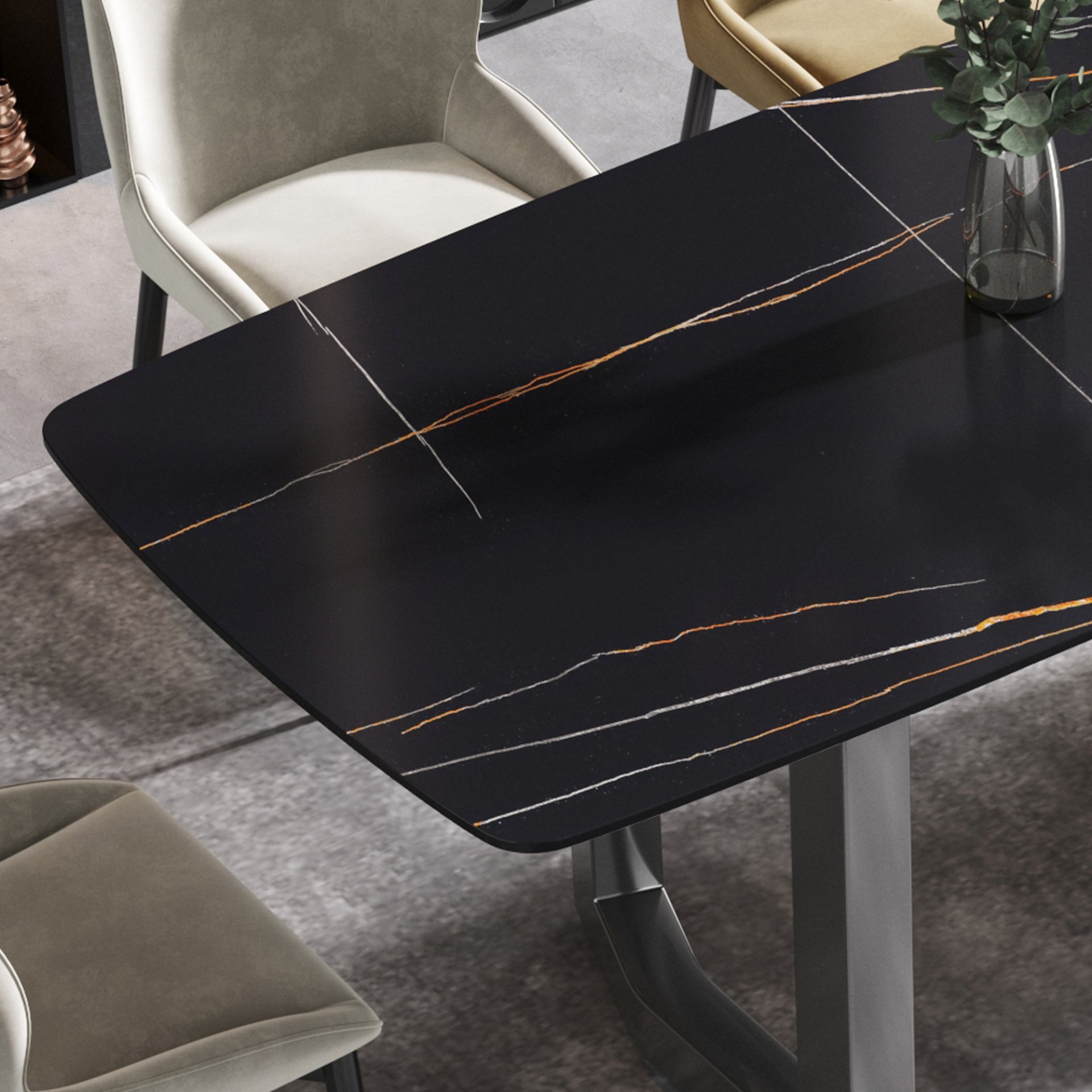 63" Modern Artificial Stone Black Curved Black Metal Leg Dining Table, 6 People - Black - Image 7