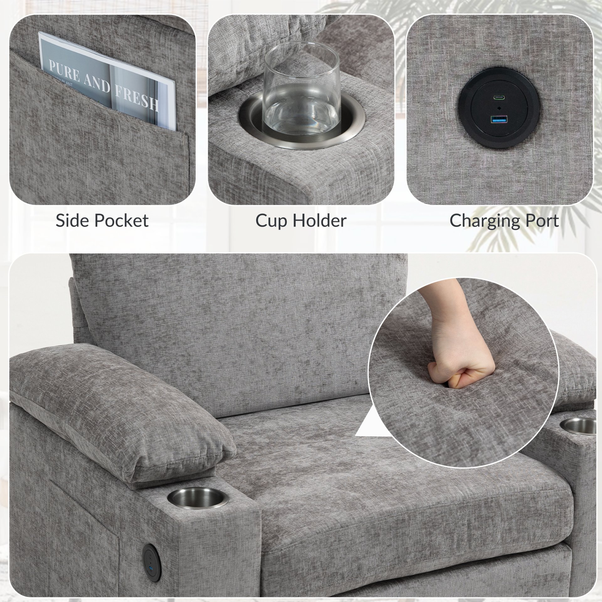 Modern Oversized Chair With Ottoman, Chenille Fabric Sofa Bed, Accent Chair Comfy Sofa With Cupholders And USB Charging Ports Chair For Living Room - Gray - Image 8