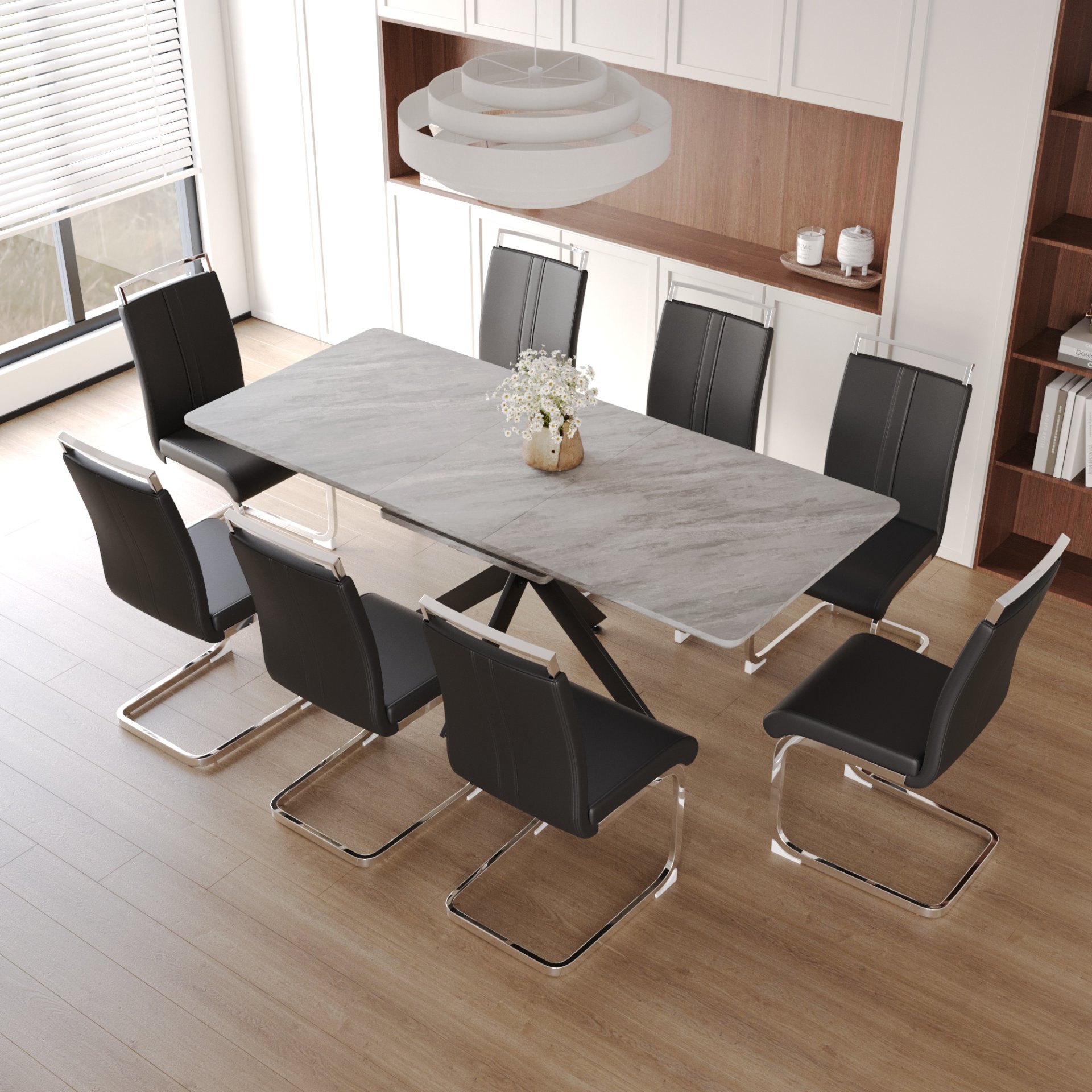 Modern Extendable Dining Table Set With Armless Chairs For 6 - 8 People - Black / Gray - Image 6