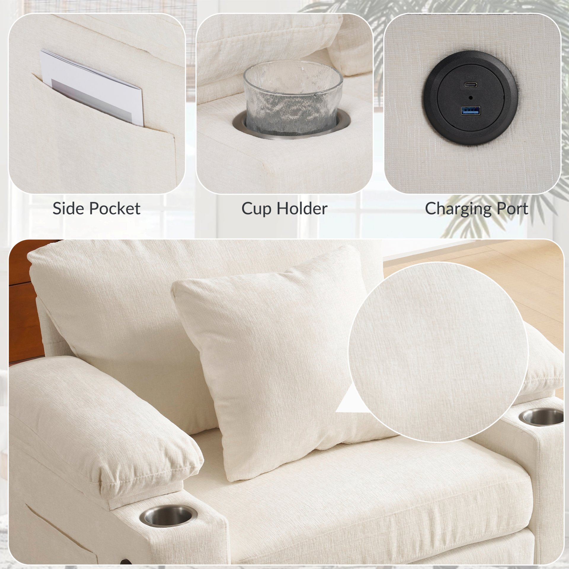 Modern Oversized Chair With Ottoman, Chenille Fabric Sofa Bed, Accent Chair Comfy Sofa With Cupholders And USB Charging Ports Chair For Living Room, Bedroom, Apartment - Beige - Image 7