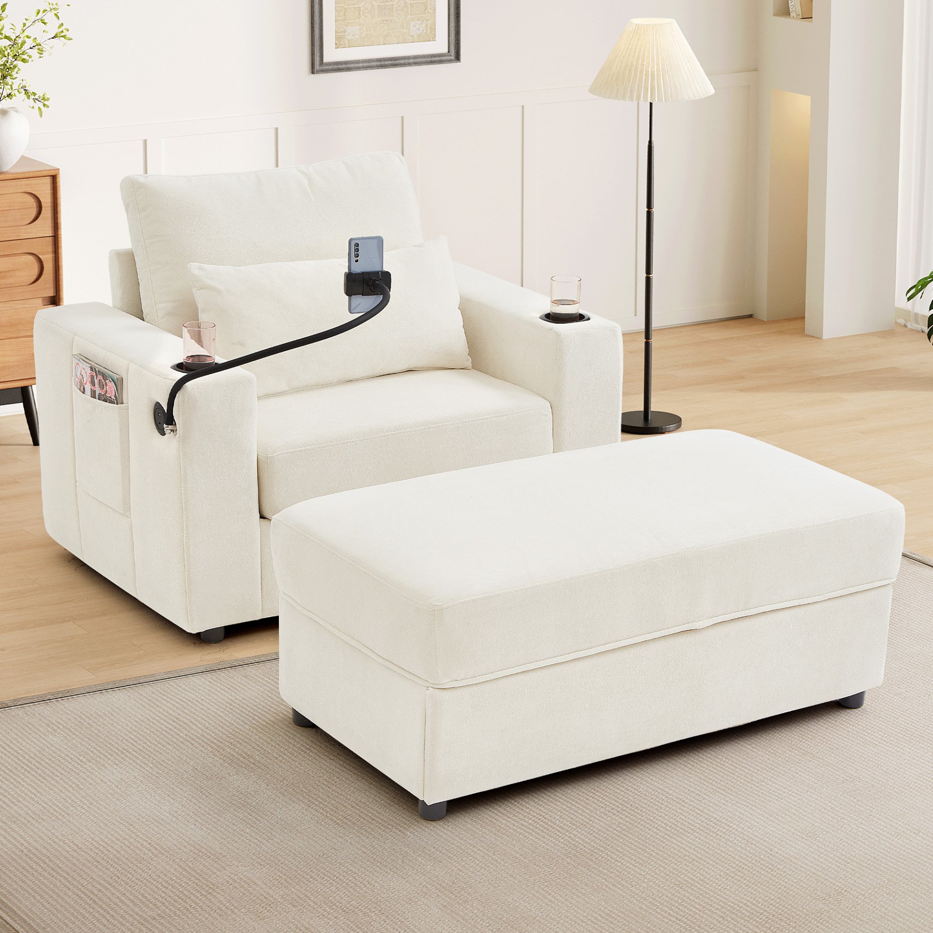 Modern Style Armchair Chaise Lounge Sofa Couch With Movable Storage Ottoman, USB Ports, Cup Holders, Phone Holder Chenille - Beige - Image 11