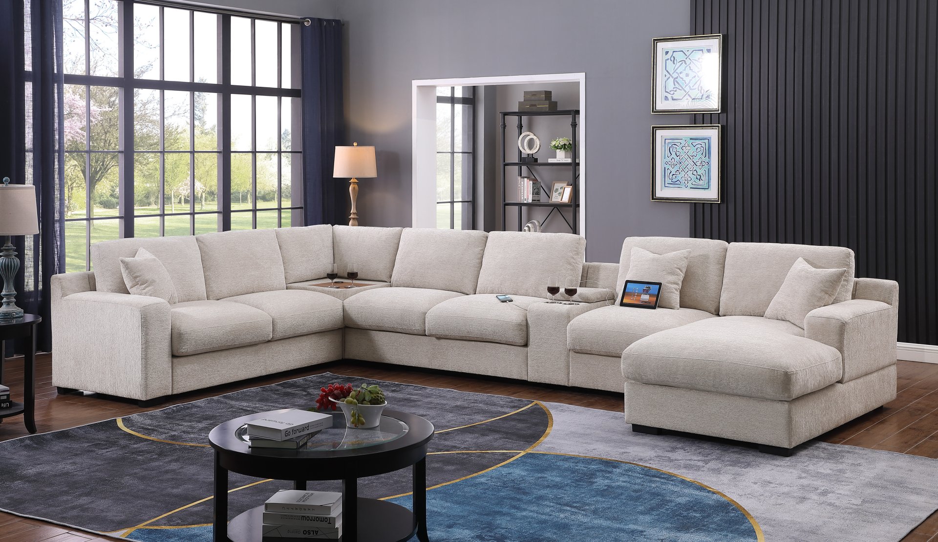 Celine - Chenille Fabric Corner Sectional Sofa With Right Facing Chaise, Cupholders, And Charging Ports - Beige - Image 7