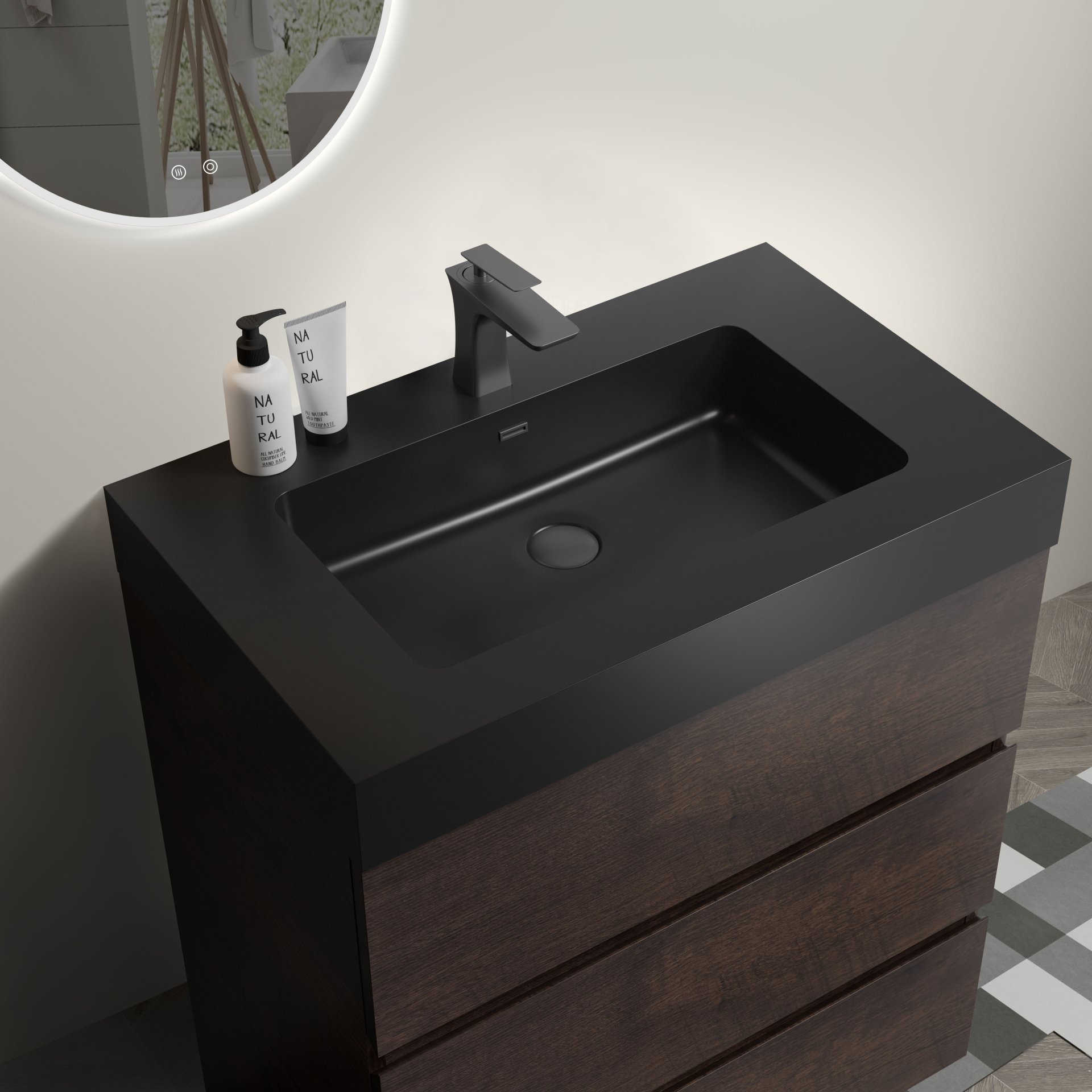Alice - 30" Walnut Bathroom Vanity With Sink, Large Storage Freestanding Bathroom Vanity For Modern Bathroom, One-Piece Sink Basin Without Drain And Faucet - Walnut / Black - Image 5