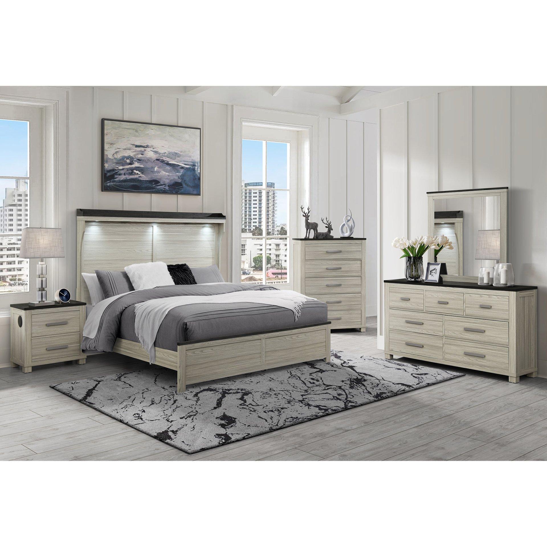 Augusta - Full Bed With Panel Headboard, Low Profile, 5 Piece Set Includes Bed, Dresser, Chest, Nightstand, Mirror - Beige / Brown - Image 2