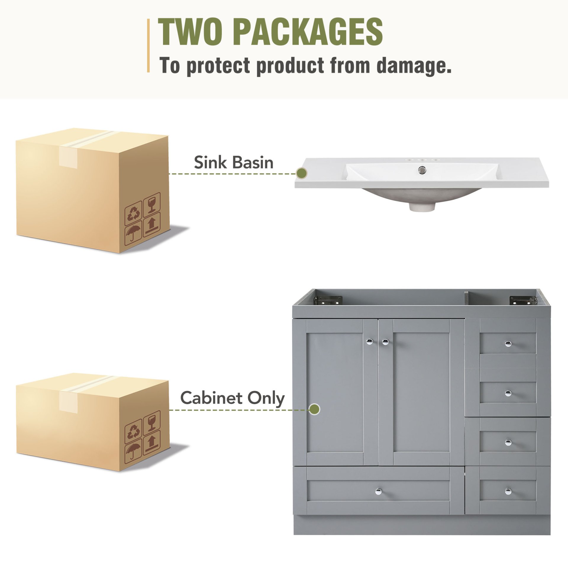 Shaker Style Free Standing Bathroom Vanity Cabinet With Sink, 4 Soft Close Drawers And 2 Soft Close Doors - Gray - Image 10