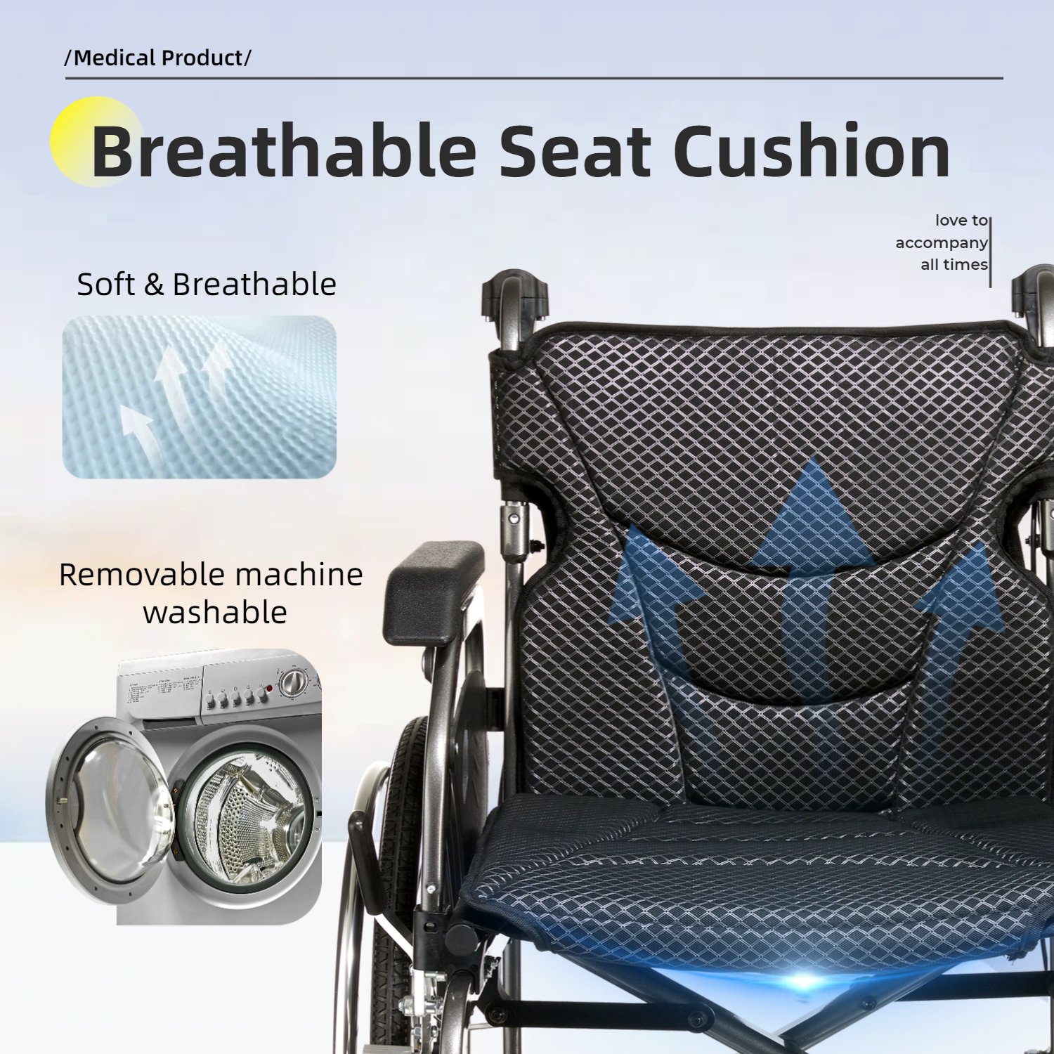 Premium Lightweight Foldable Transport Wheelchair Square Tube Design With Double Brakes Adjustable Handrail & Breathable Seat Ideal For Disabled & Post Surgery Recovery - Black / Gray - Image 9