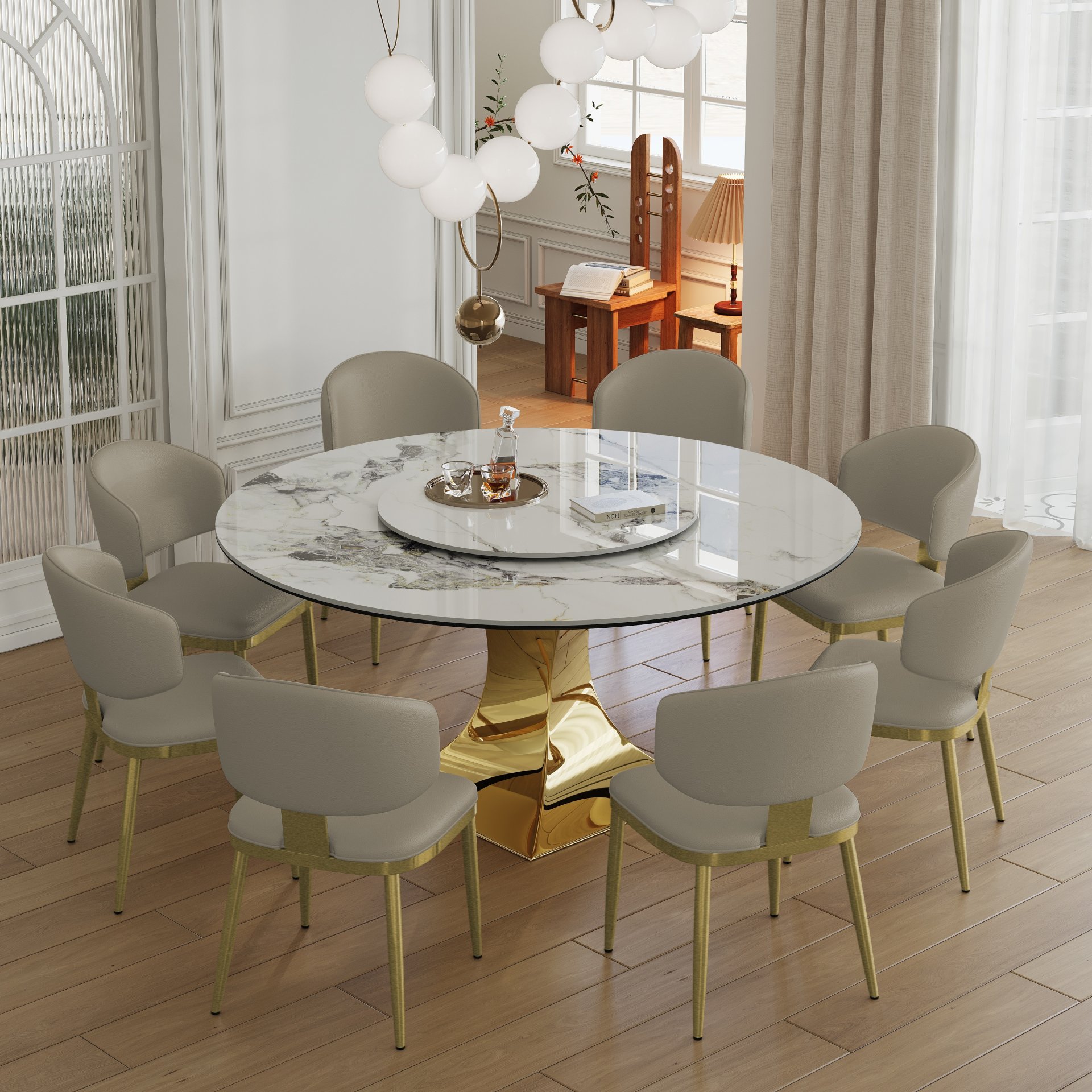 Luxury Round 59" Sintered Stone Dining Table With Stainless Steel Hourglass Base, Scratch & Heat Resistant Surface - Golden / White - Image 9