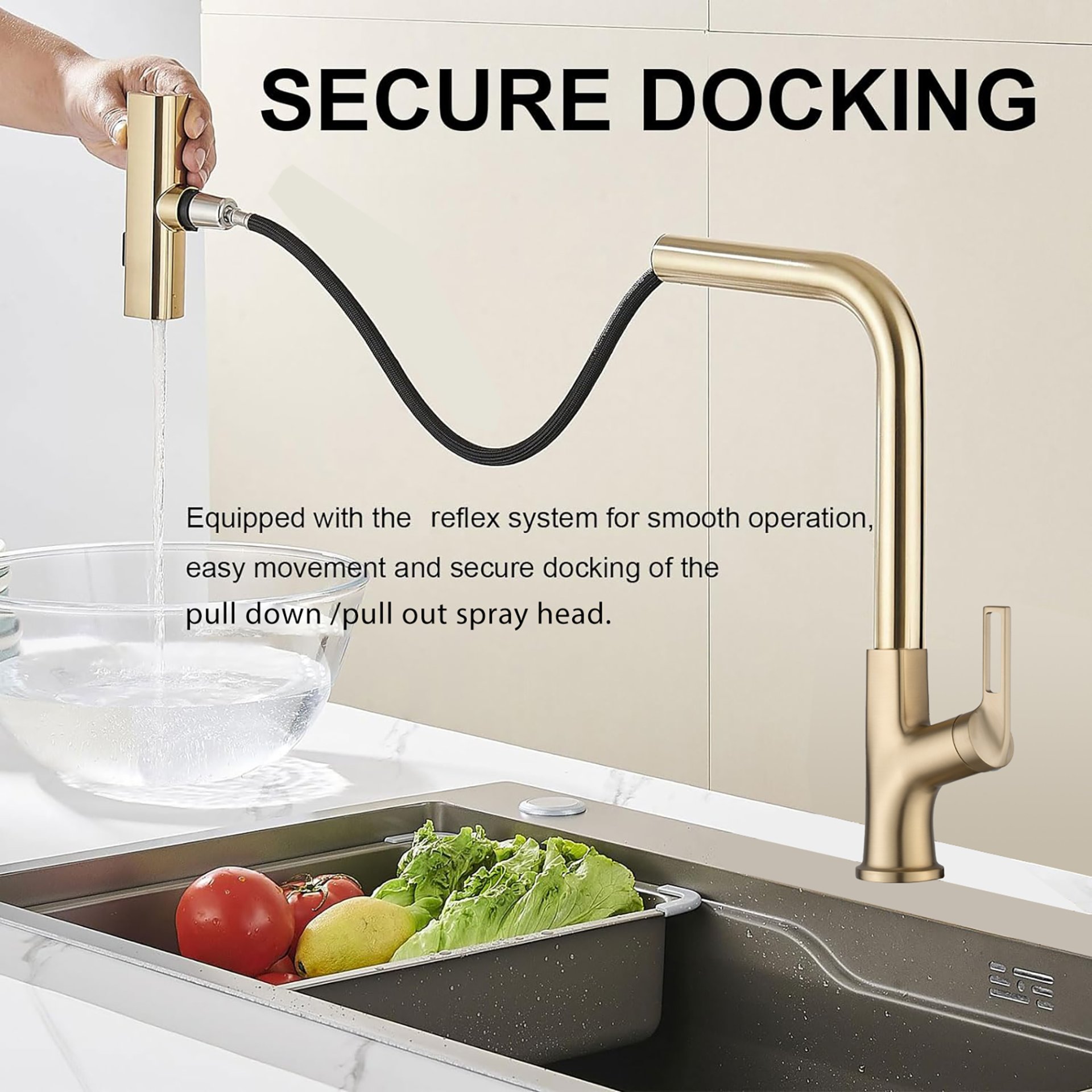 Kitchen Waterfall Faucet With Pull Down Sprayer, Single Handle, 360 Degree Rotating Zinc Alloy - Brushed Gold - Image 7