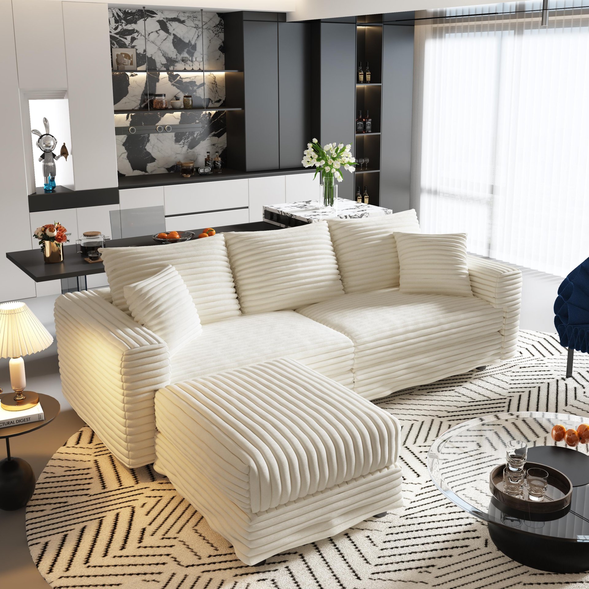 3 Seat Sofa, Deep Seat Couches With Soft Pillows And 1 Ottomans, Convertible Sofa Lounge Chair, For Living Room - Beige - Image 6