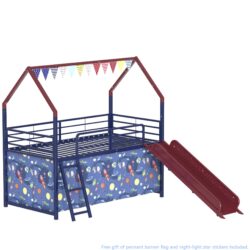 Jack - House Twin Loft Bed With Slide And Curtain Set, Superhero - Blue / Red