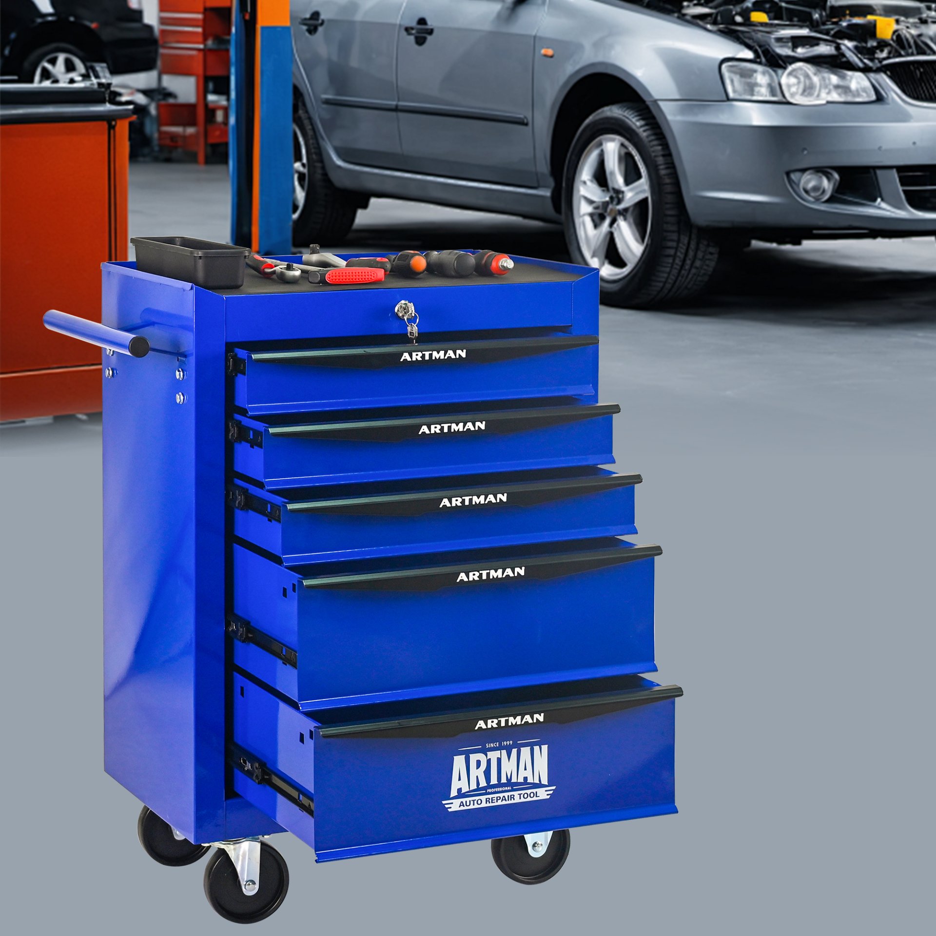 Rolling Metal Tool Chest With 5 Drawers, 20" Steel Storage Cabinet With Ball Bearing Slides - Black / Blue - Image 13