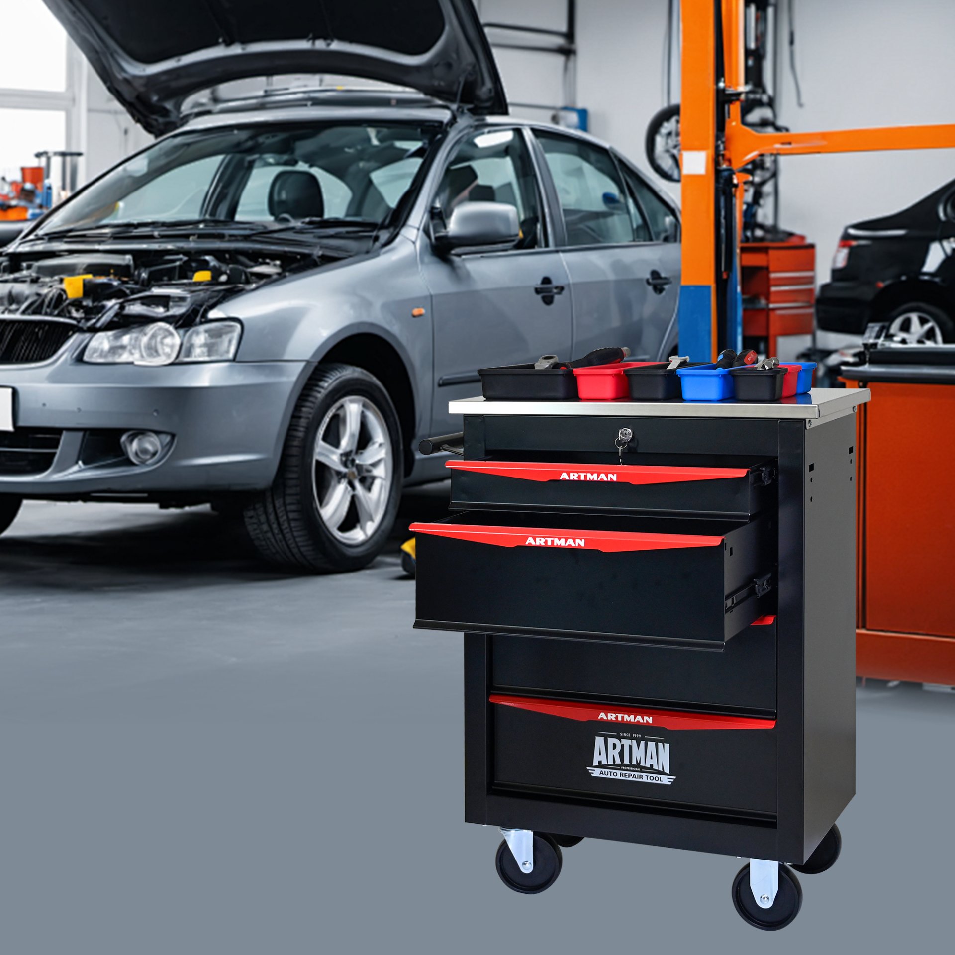 4 Drawer Multifunctional Tool Cart With Wheels, Metal Rolling Tool Cart Storage For Garage Workshop Warehouse Repair Shop With Stainless Steel Roof - Black / Red - Image 2
