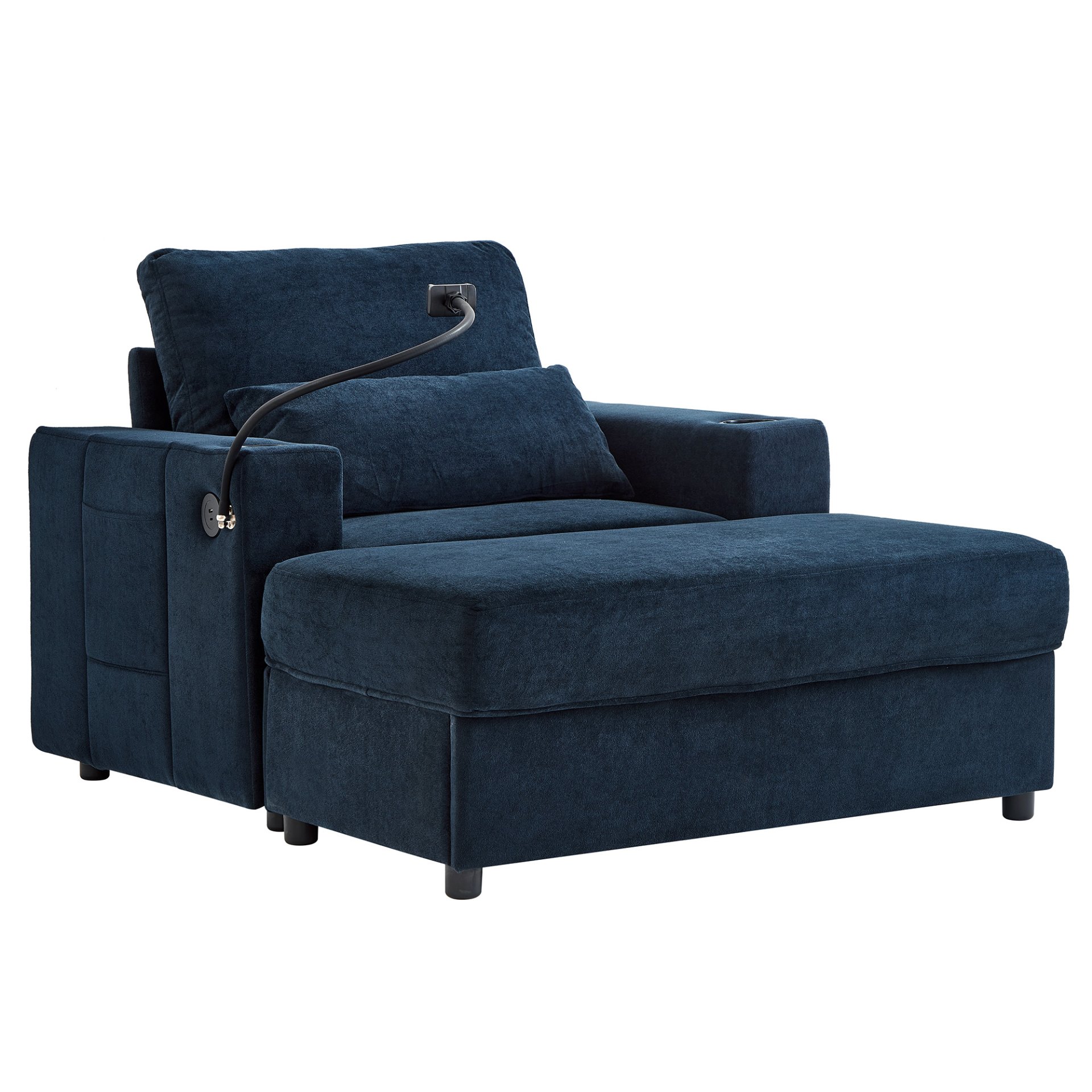 Modern Style Armchair Chaise Lounge Sofa Couch With Movable Storage Ottoman, USB Ports, Cup Holders, Phone Holder, Side Pockets - Blue - Image 15