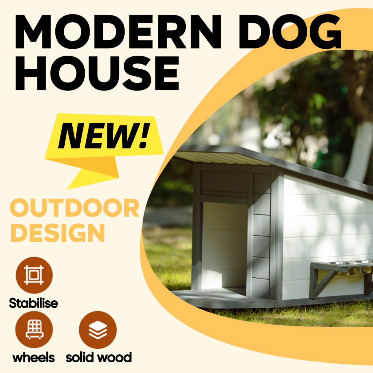 Modern Design Outdoor Dog House With Food Bowl And Wheels Pine - Gray / White - Image 13