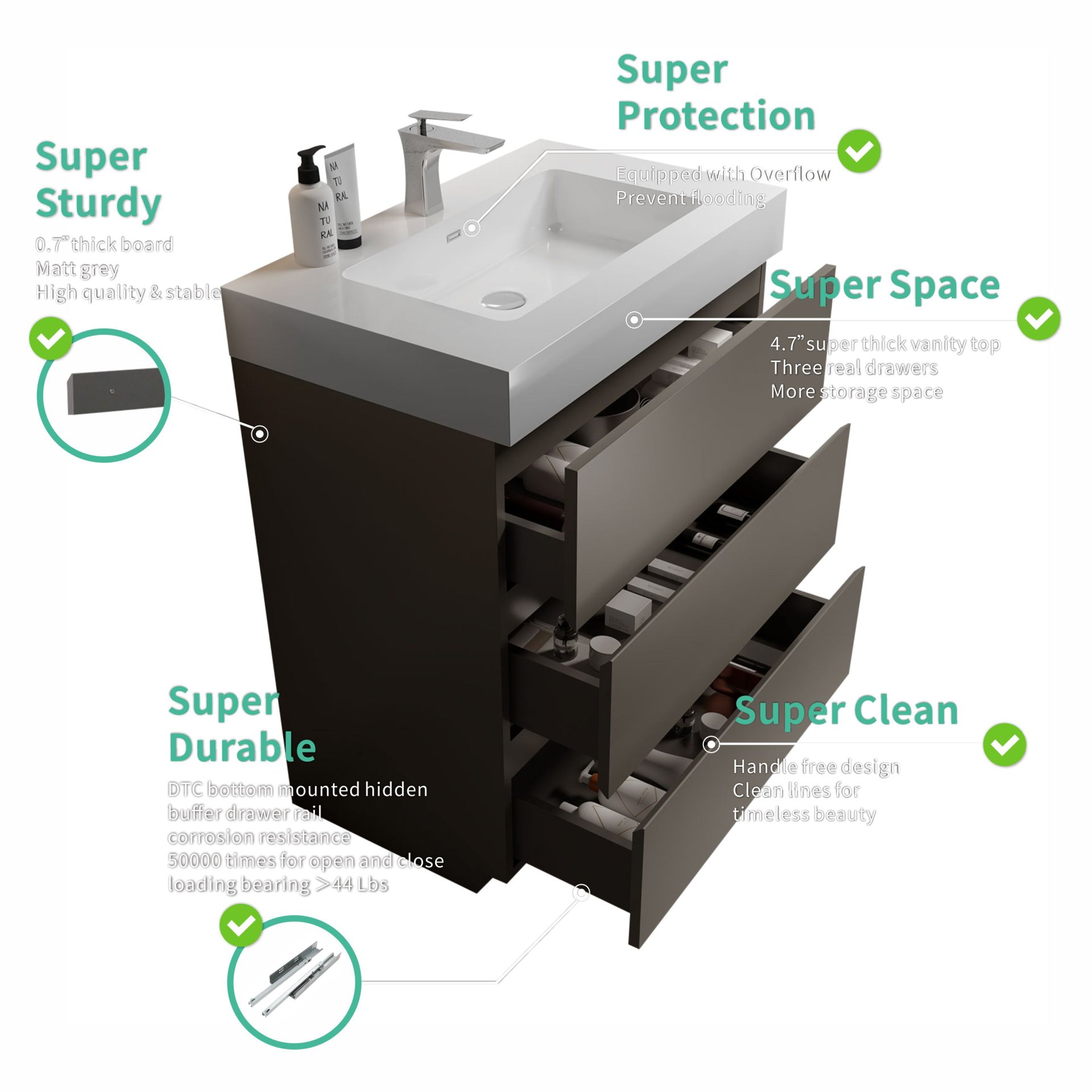 Alice - 30" Bathroom Vanity With Sink, Large Storage Freestanding Bathroom Vanity For Modern Bathroom, One-Piece Sink Basin Without Drain And Faucet - Gray / White - Image 7