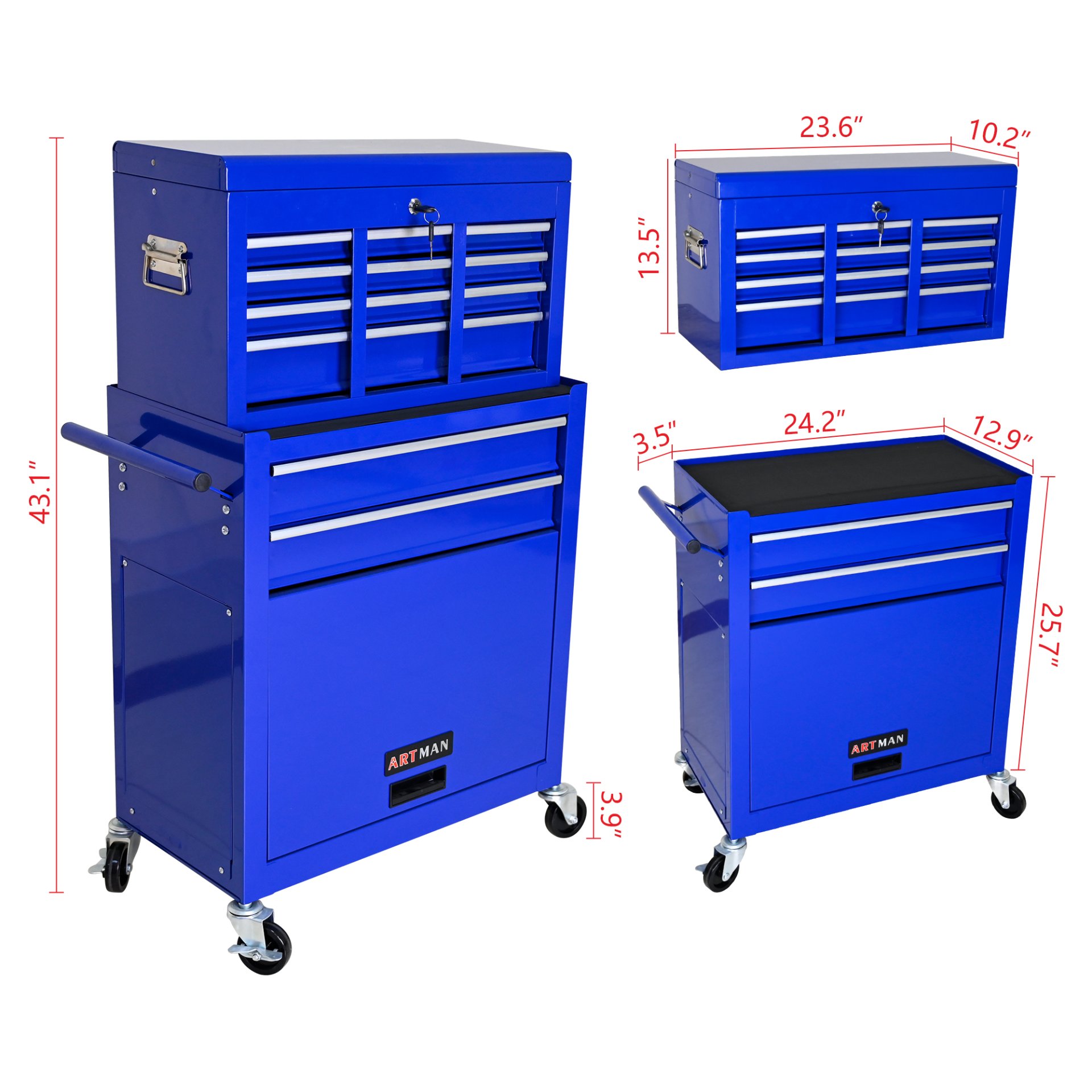 High Capacity Rolling Tool Chest With Wheels And Drawers, 8 Drawer Tool Storage Cabinet - Blue - Image 3