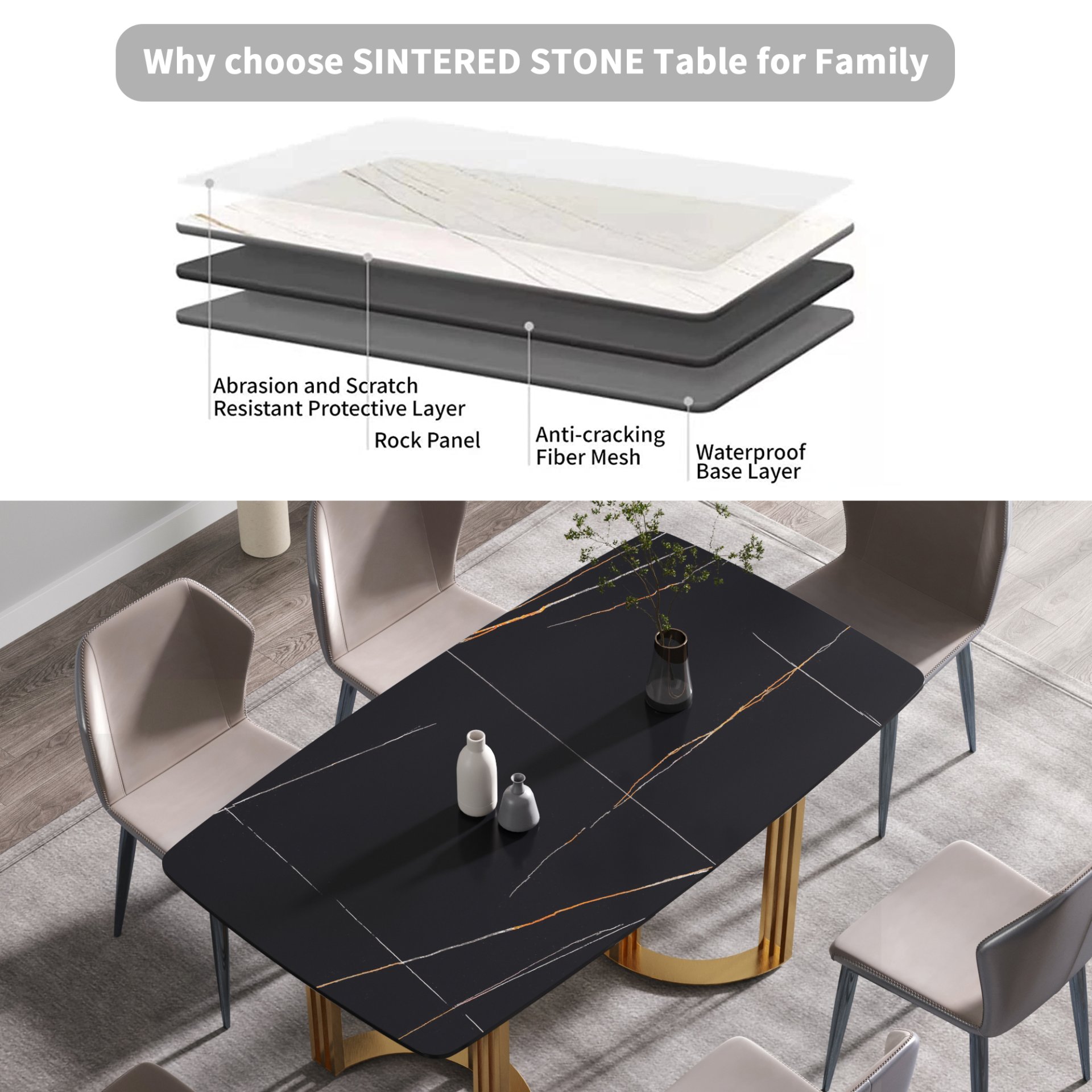 63" Modern Artificial Stone Curved Golden Metal Leg Dining Table, 6 People - Black / Gold - Image 11