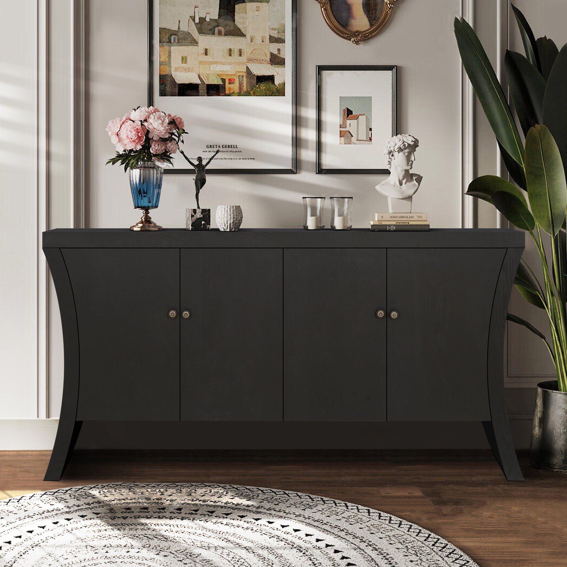 Refined 4 Door Credenza With Arc Legs & Bronze Clasps, Advanced Storage Design - Black - Image 2