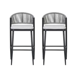Outdoor Bar Height Metal Frame Counter Stools With Scallop Shaped Backrest & Water Resistant Cushions (Set of 2) - Matte Black