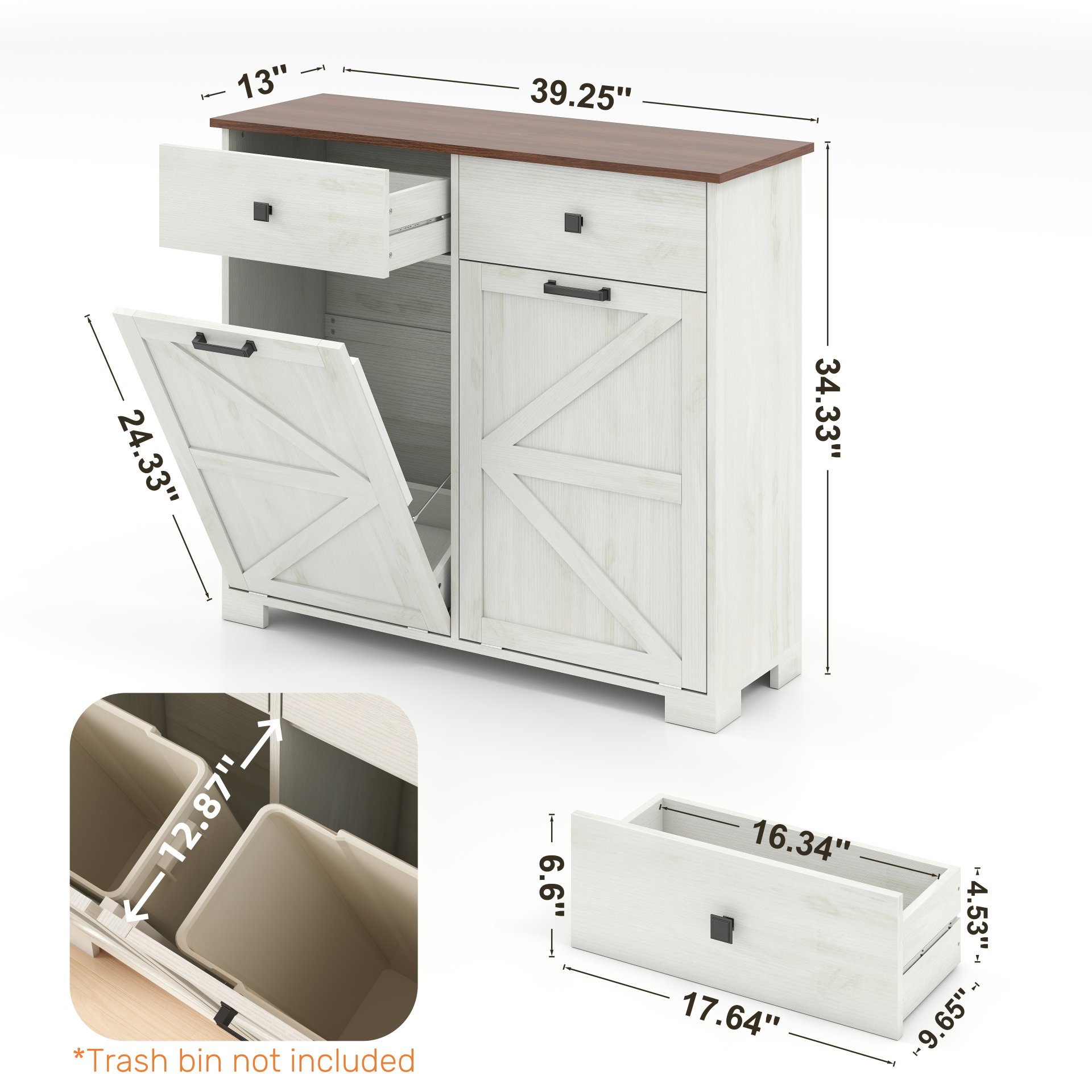 Barn Door Double Tilt Out Trash Cabinet For 20 Gallon Cans With Free Standing Recycling And Laundry Storage - Brown / Antique White - Image 3