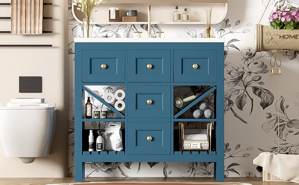 Bathroom Vanity With Resin Sink Combo, Frame Bathroom Storage Cabinet, Freestanding Vanity Set, 5 Drawers & Soft Closing Doors - Blue - Image 19