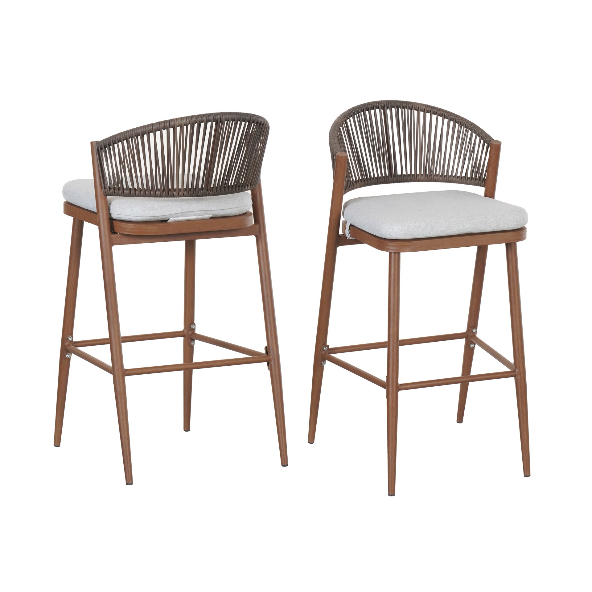 Outdoor Bar Height Aluminum Frame Counter Stools With Scallop Shaped Backrest & Water Resistant Cushions (Set of 2) - Teak - Image 5