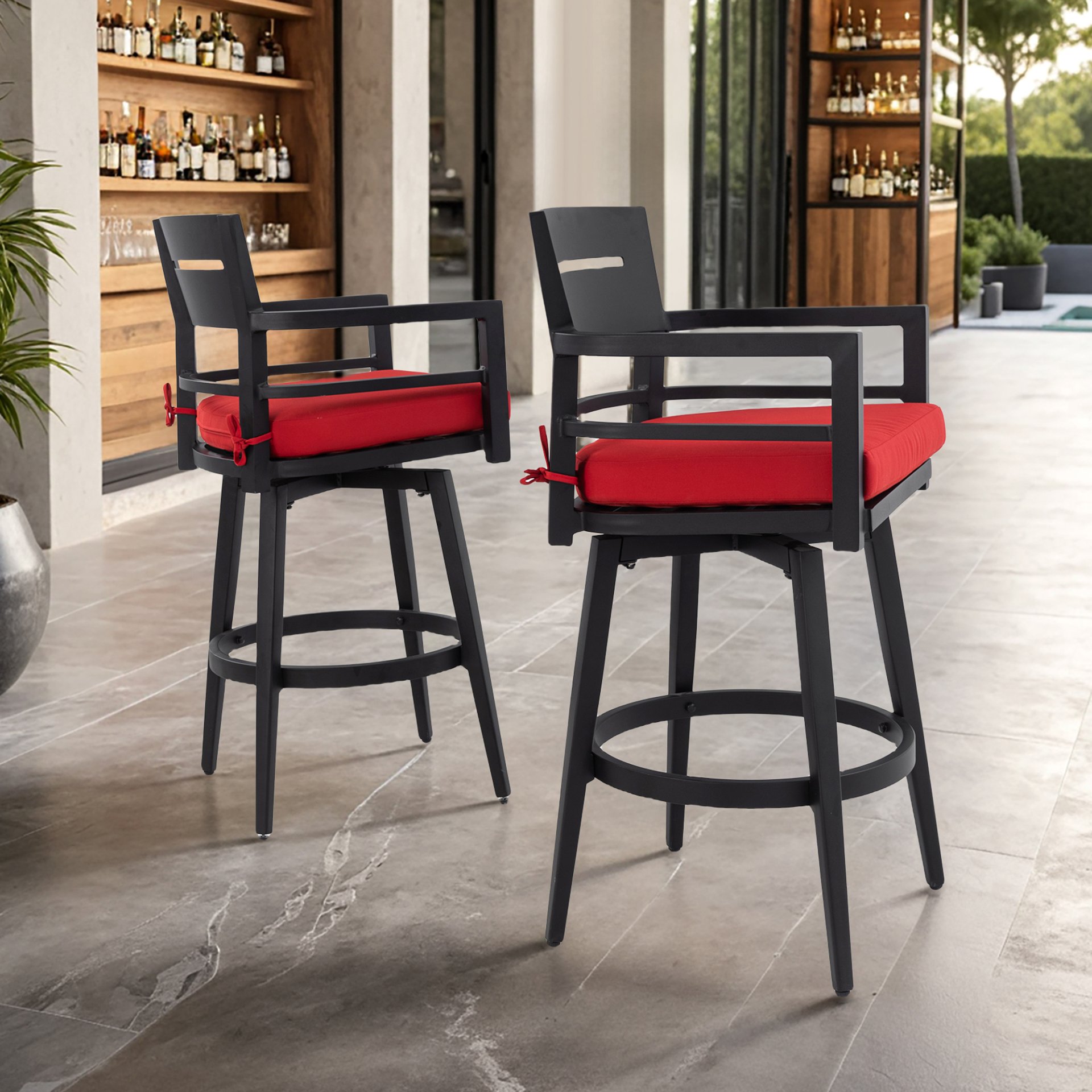 Outdoor Swivel Bar Chairs, 360 Degree Rotation With Ergonomic Backrest (Set of 2) - Ember Black / Jocky Red - Image 2