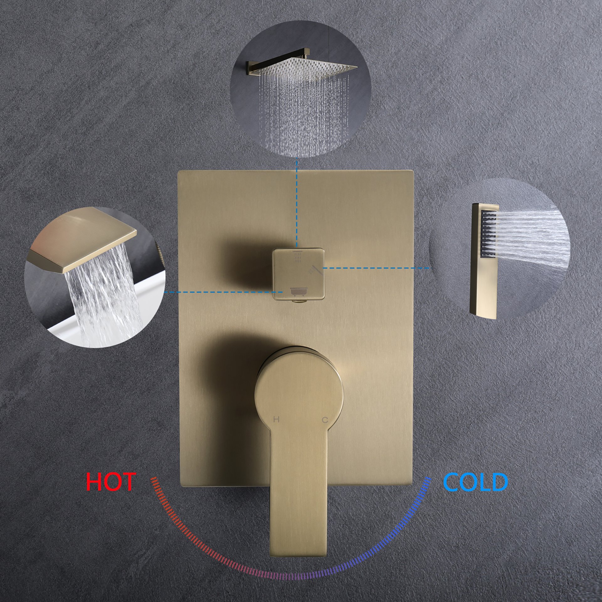 Modern 10" Wall Mounted Rainfall Shower Head System - Brushed Gold - Image 8