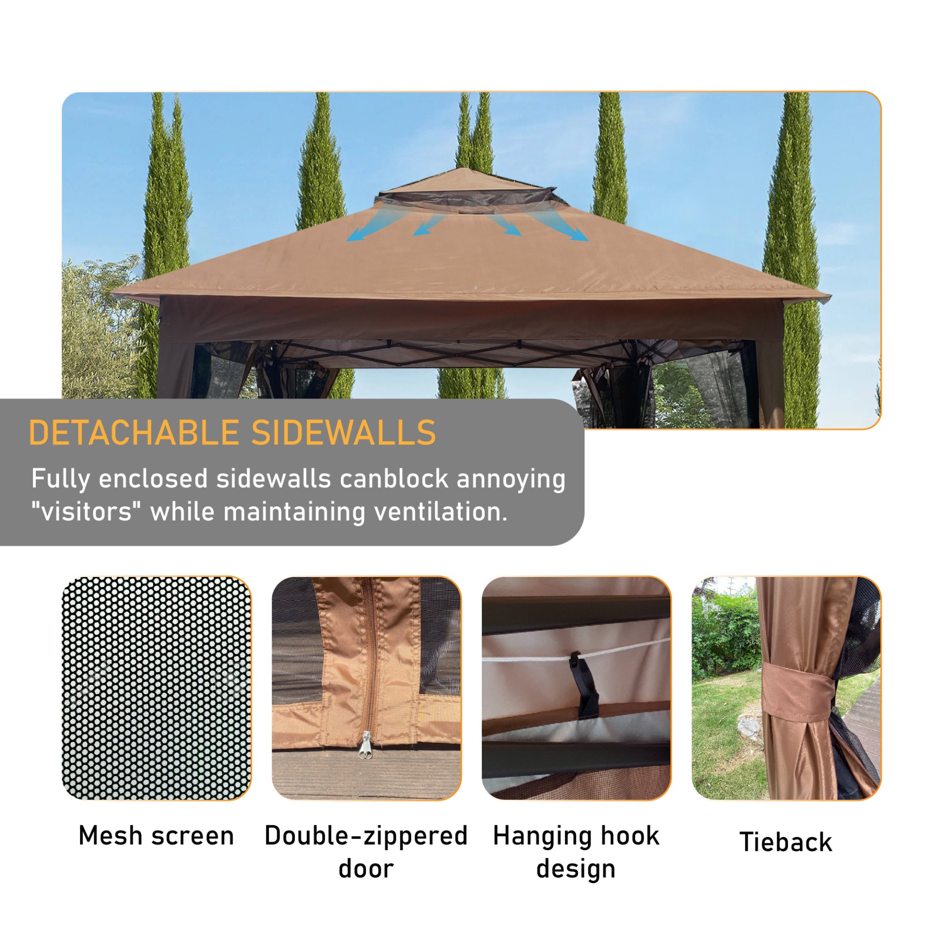 Outdoor 11X 11Ft Pop Up Gazebo Canopy With Removable Zipper Netting, 2 Tier Soft Top Event Tent, Suitable For Patio Backyard Garden Camping Area With 4 Sandbags - Brown - Image 16
