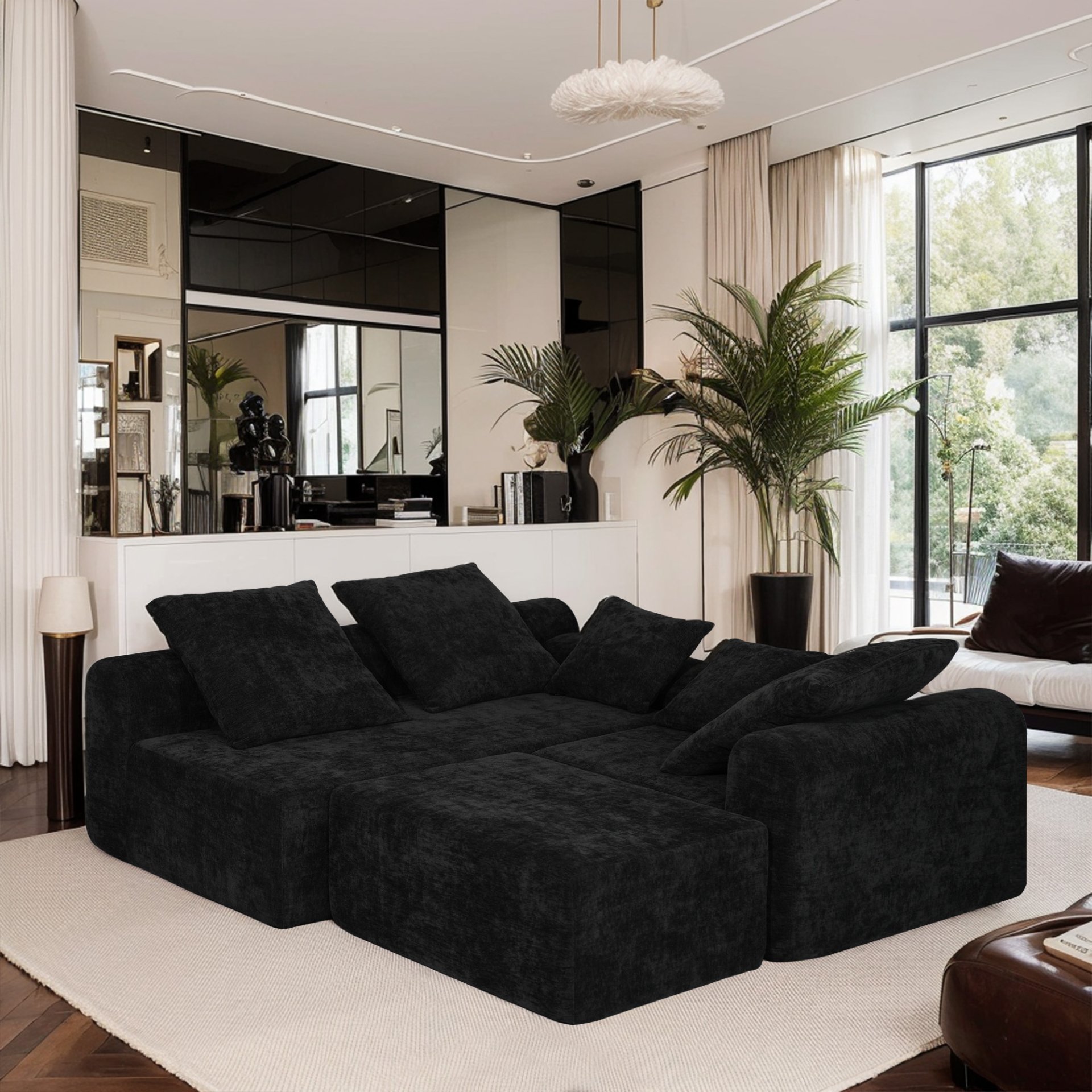 Modern L Shaped Sectional Sofa, Modular Velvet Couch With Adjustable Configurations - Black - Image 5