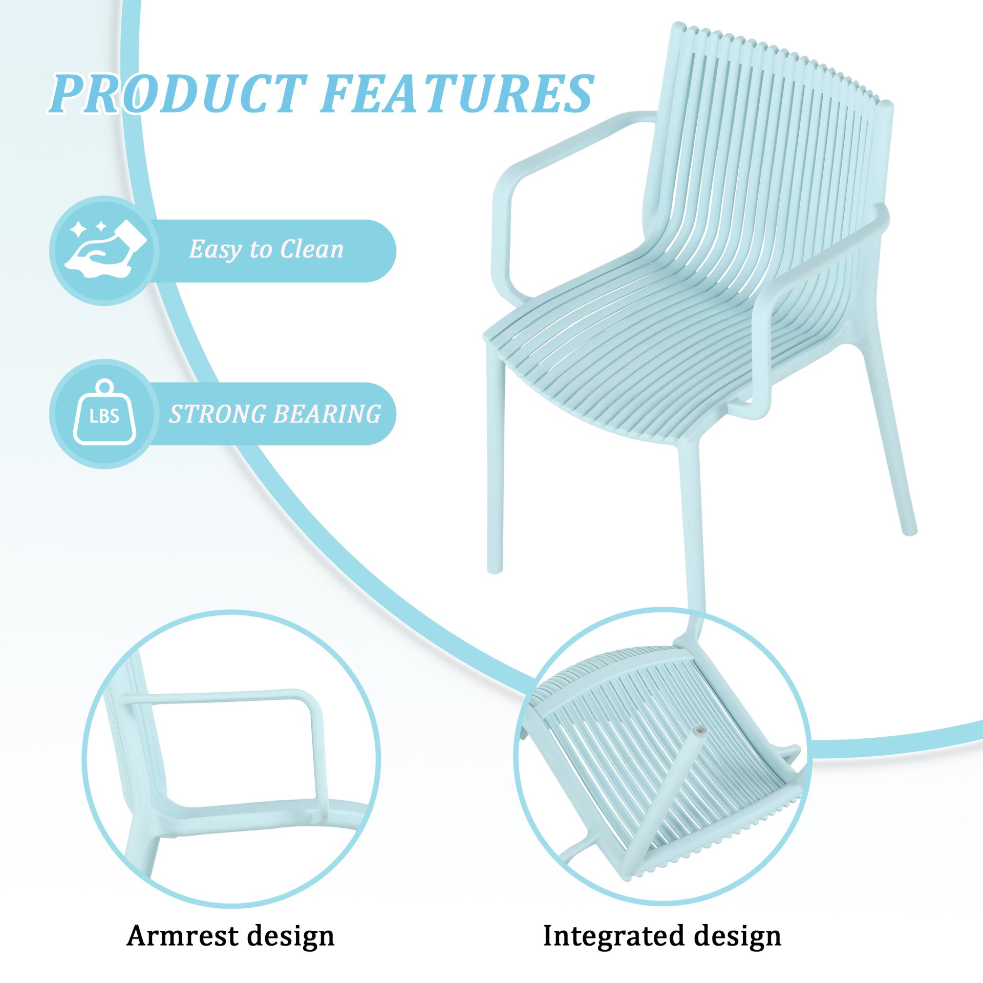 4 Piece Stackable Single Chairs With Vertical Stripe Design For All Weather - Light Blue - Image 8