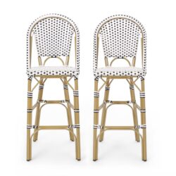Outdoor Rattan French Barstool With Bamboo Aluminum Frame, Seat Height (Set of 2) - White / Black