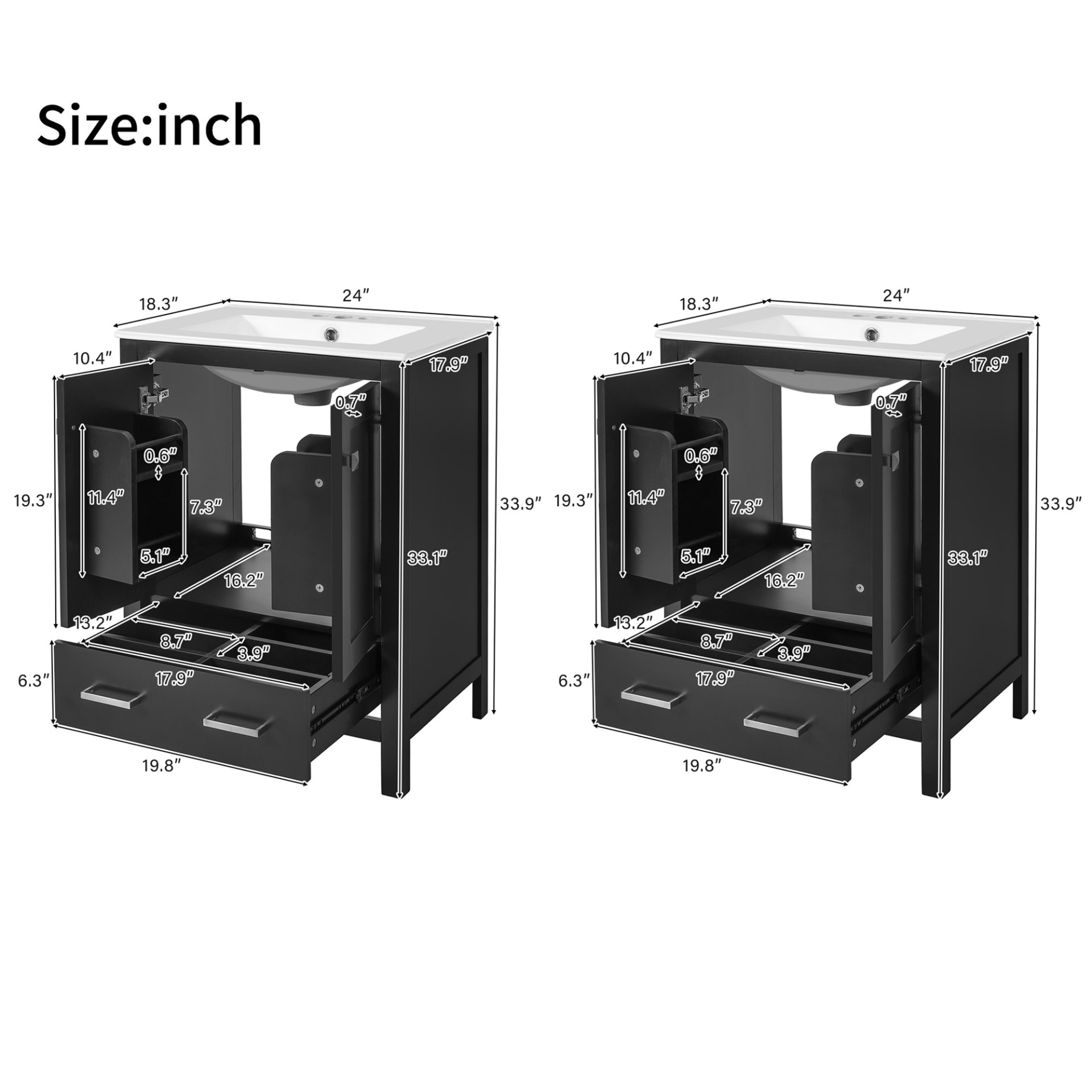 Bathroom Vanity With Integrated Undermount Sinks, Soft Close Doors, Divided Drawer, And Double Layer Door Shelf - Black - Image 4